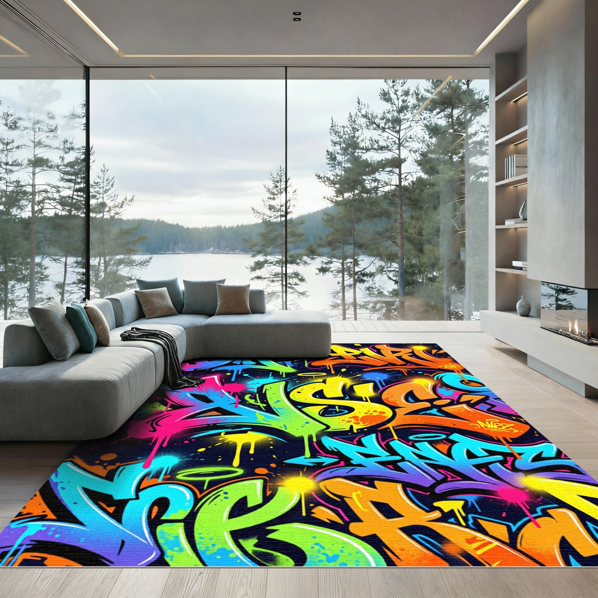 Neon Graffiti Abstract Vibrant Street Art Rug