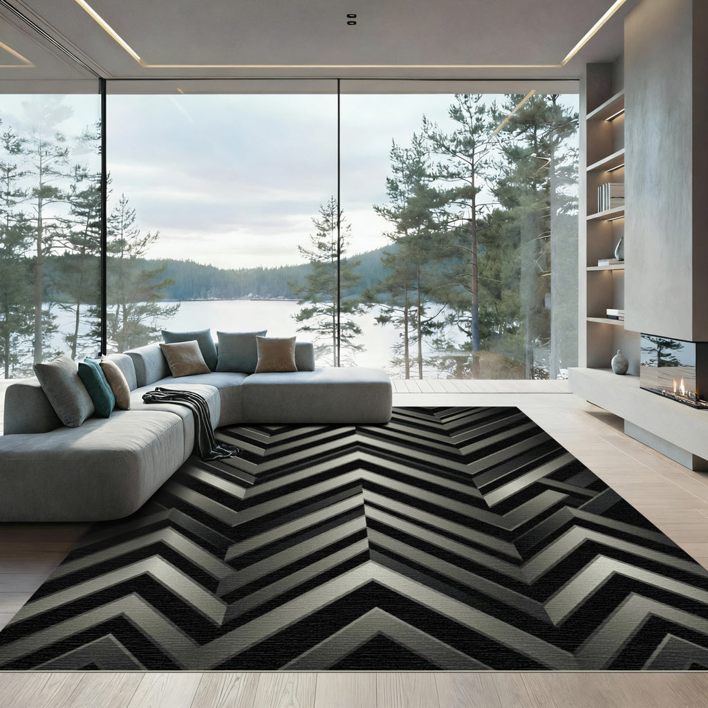 Metallic Silver Chevron Geometric Monochromatic Rug