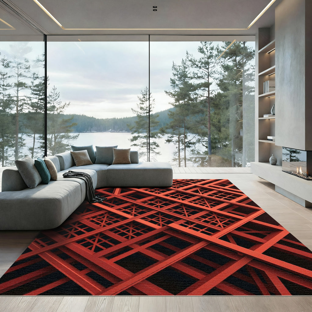 Modern Crimson Geometric Intersecting Grid Rug
