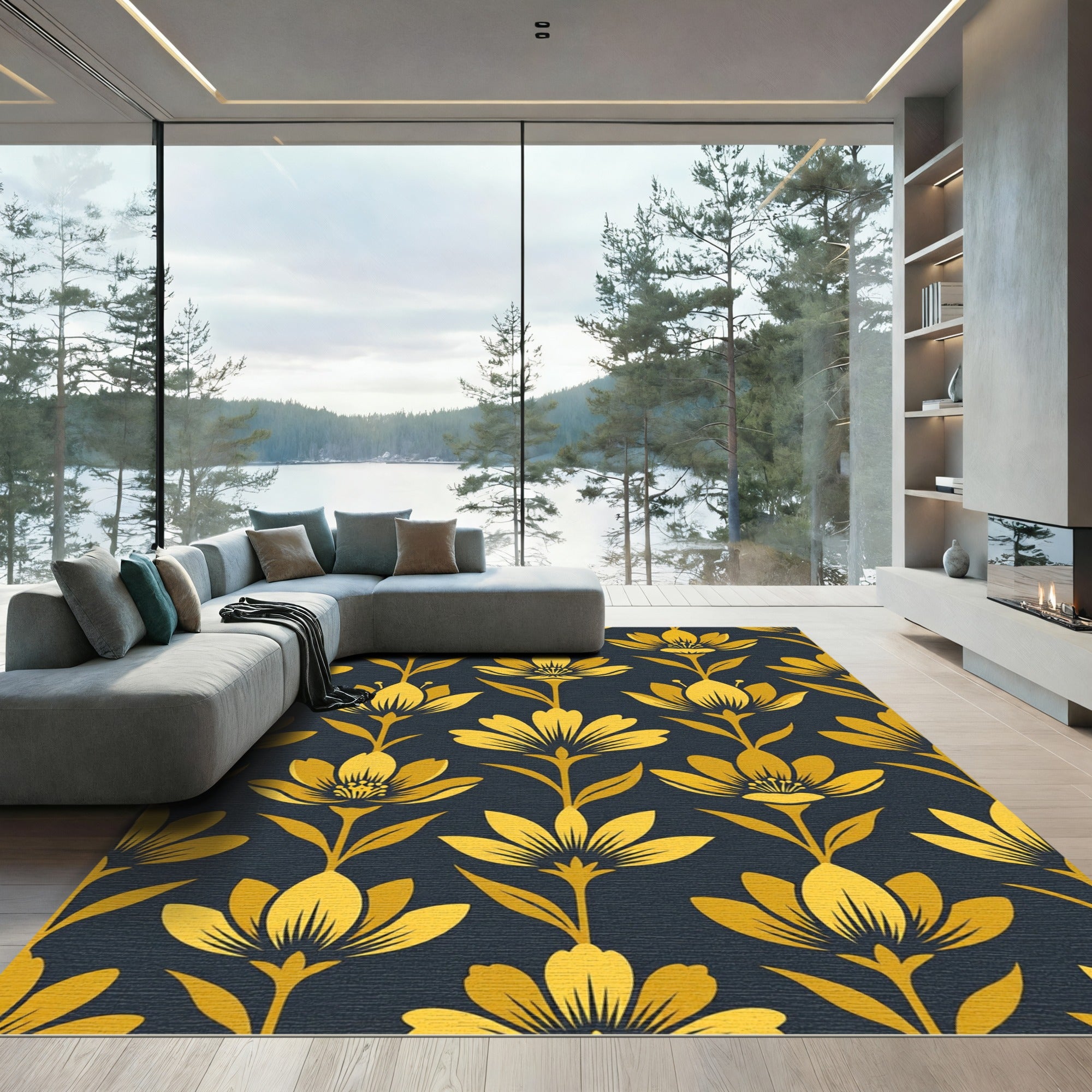 Golden Botanical Floral Midnight Navy Rug