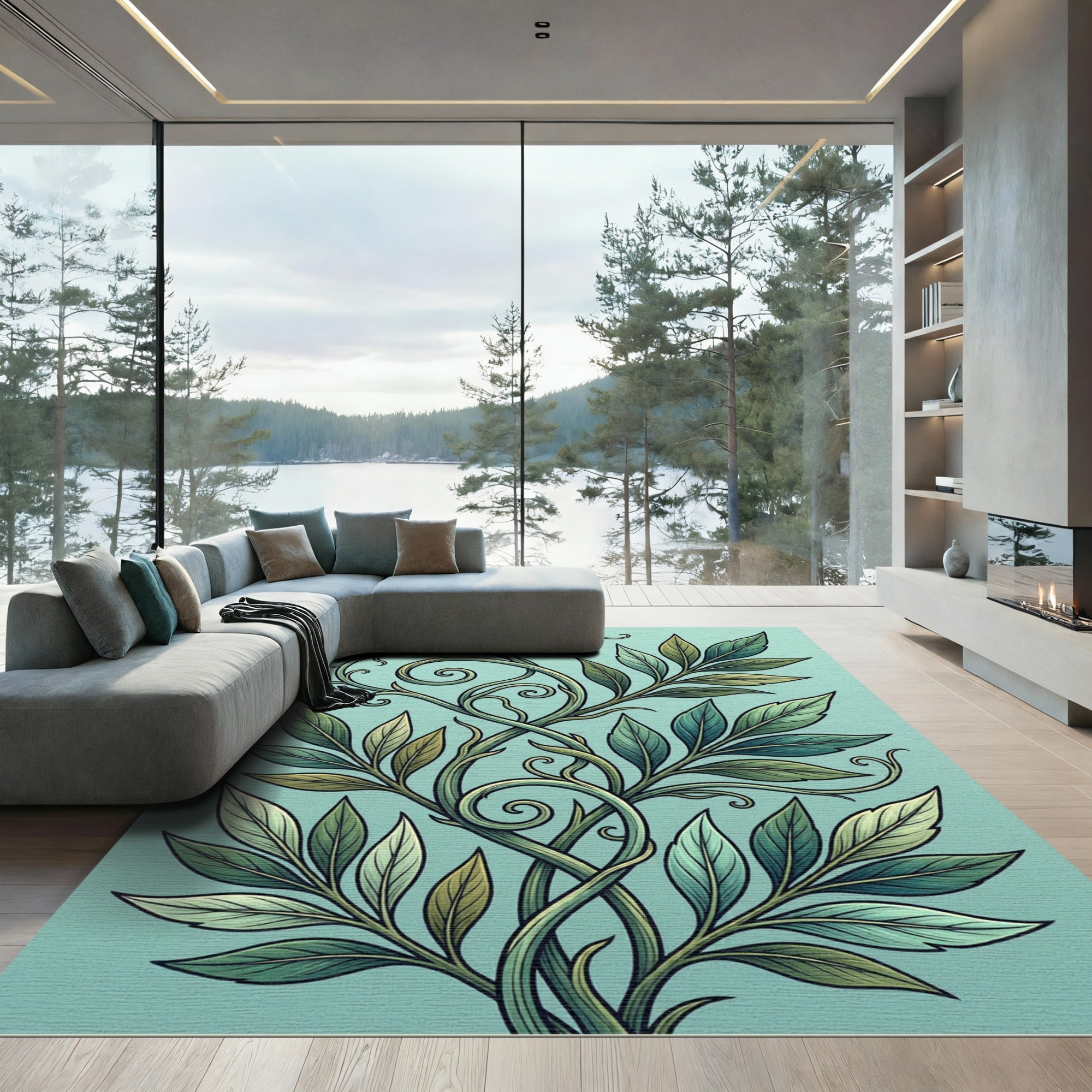 Earthy Green Botanical Swirl Vine Rug