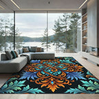 Ornate Azure and Amber Damask Swirl Rug