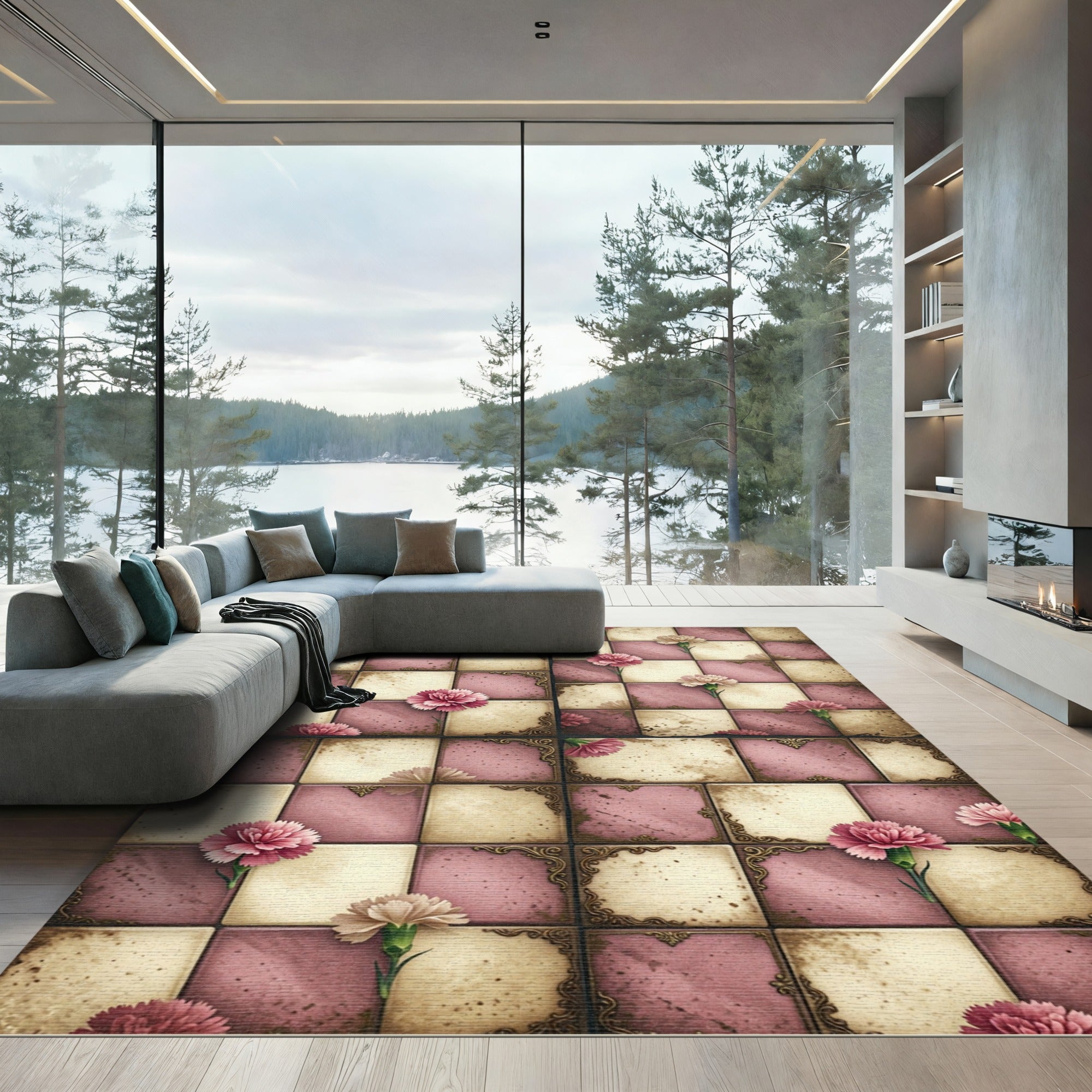 Vintage Pink Floral Checkerboard Rug