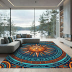 Celestial Solar Emblem Geometric Orange Teal Rug