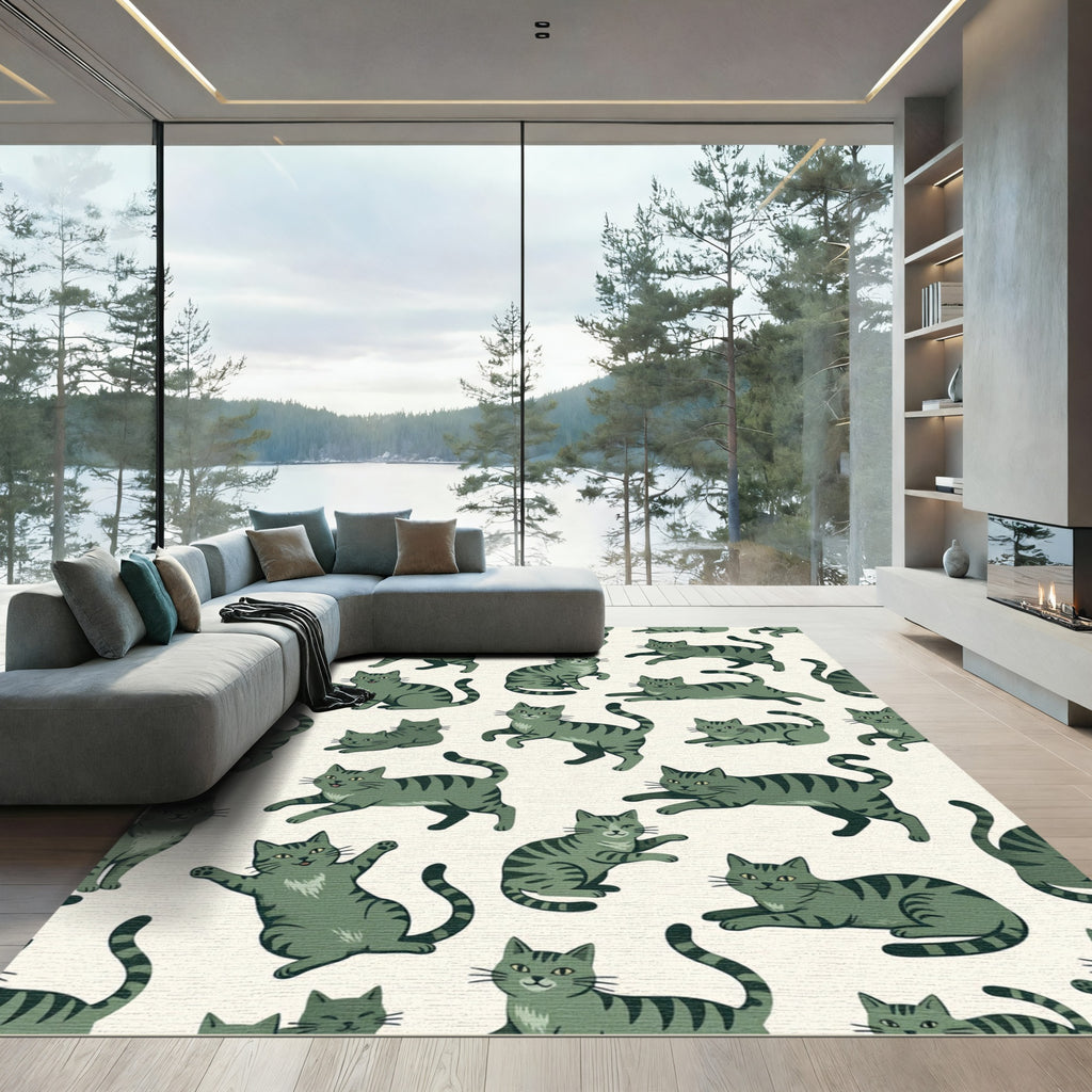 Whimsical Sage Green Tabby Cat Illustration Rug