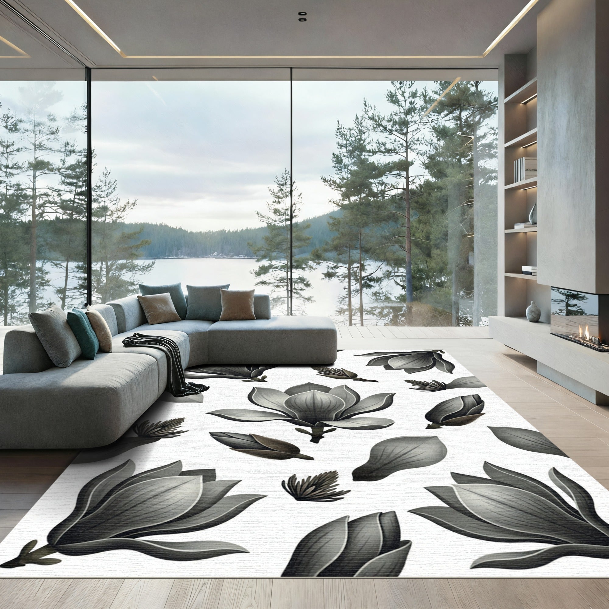 Monochrome Magnolia Blossom Floral Art Rug