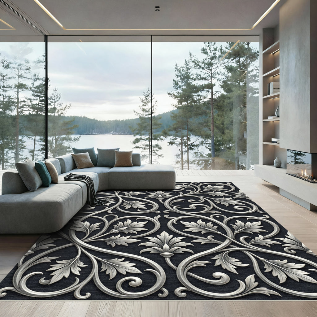 Ornate Silver Leaf Scroll Work Rug