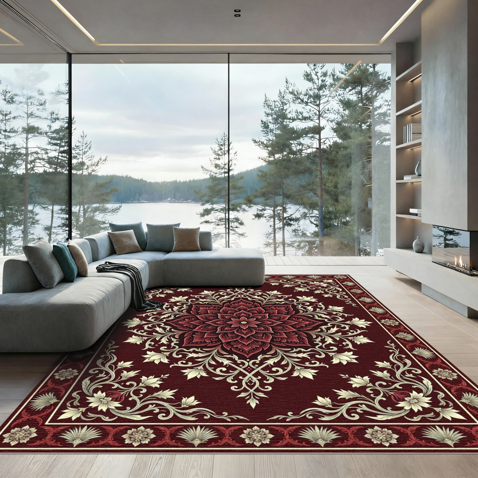 Deep Crimson Floral Lotus Medallion Rug