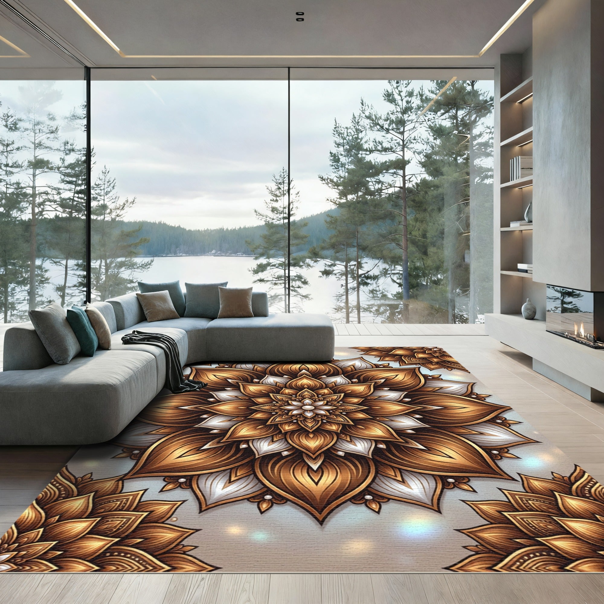Golden Bronze Floral Medallion Rug