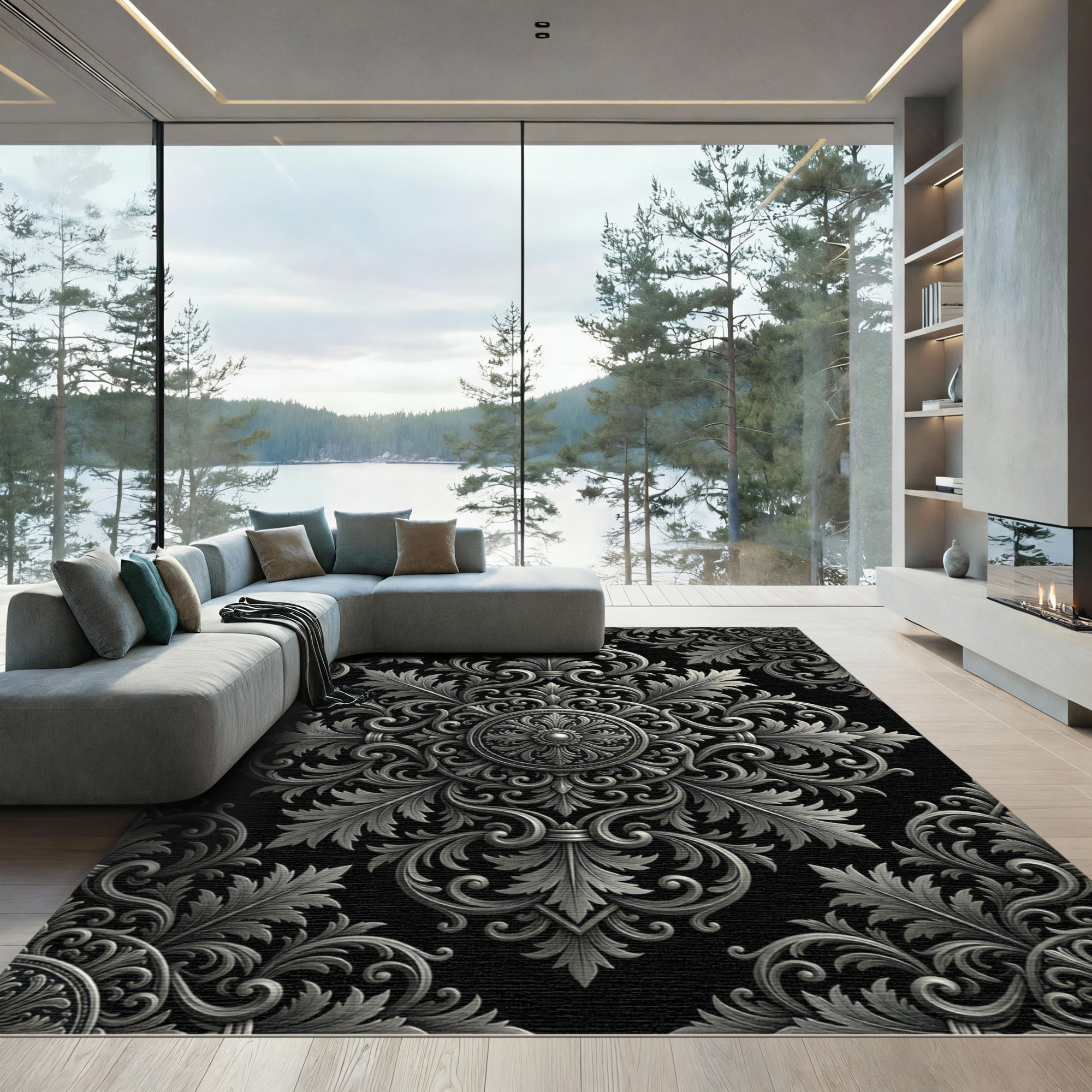 Ornate Silver Baroque Damask Medallion Rug