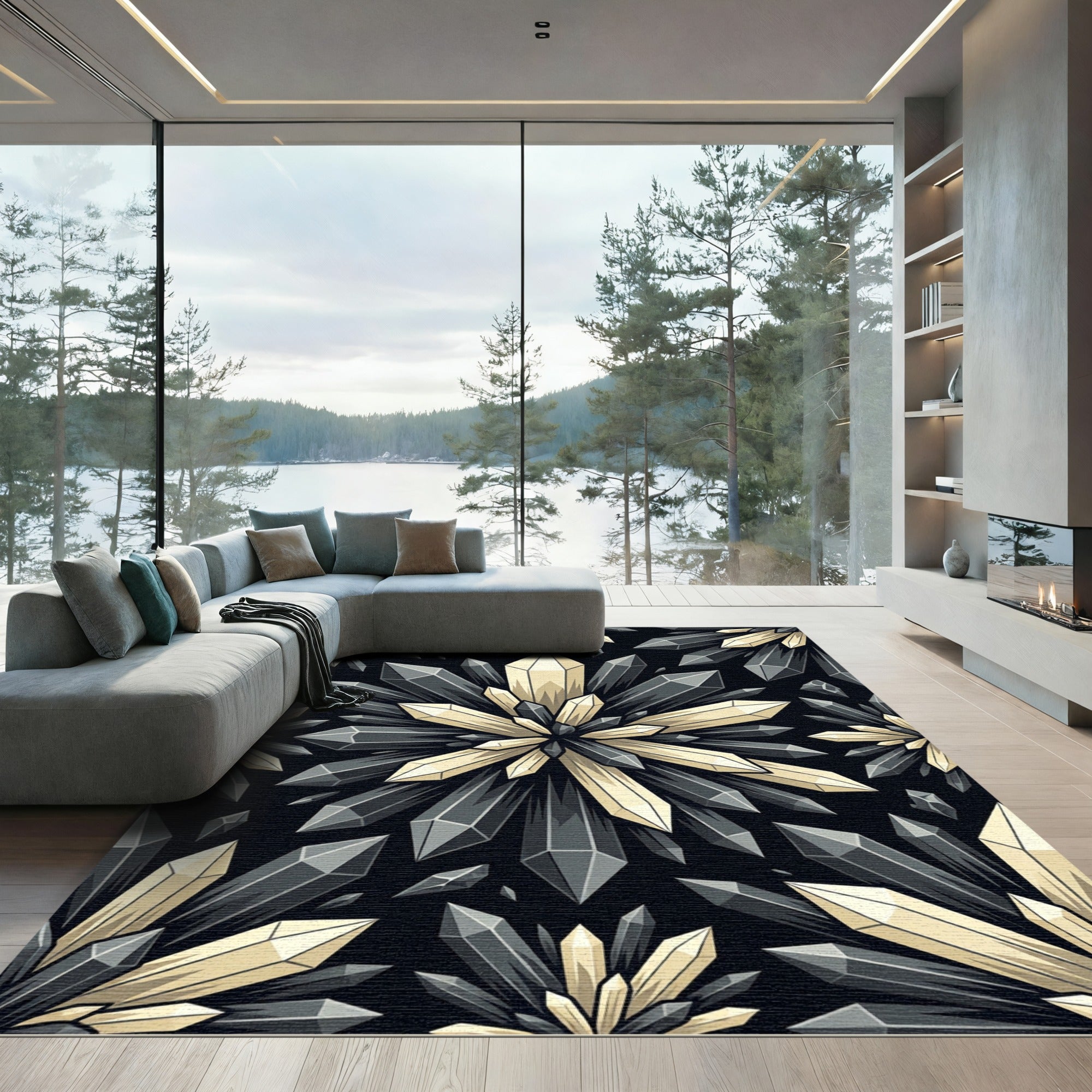 Monochrome Crystal Burst Geometric Art Rug