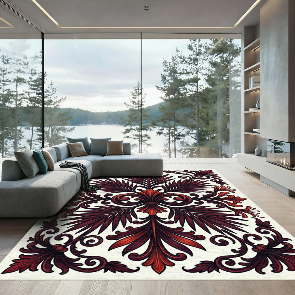 Crimson Rich Leaf Scrollwork Rug