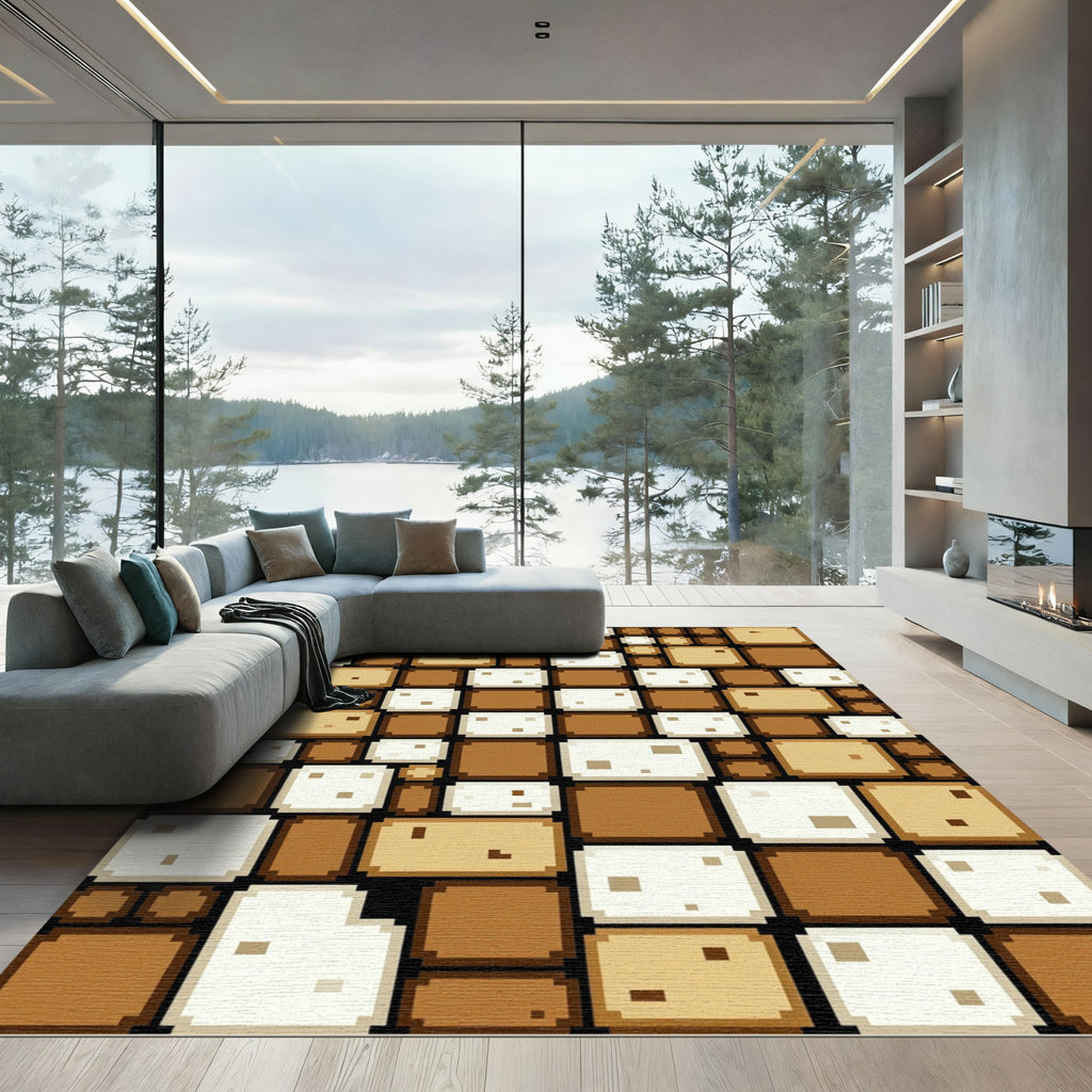 Brown Cream Pixelated Squares Rug
