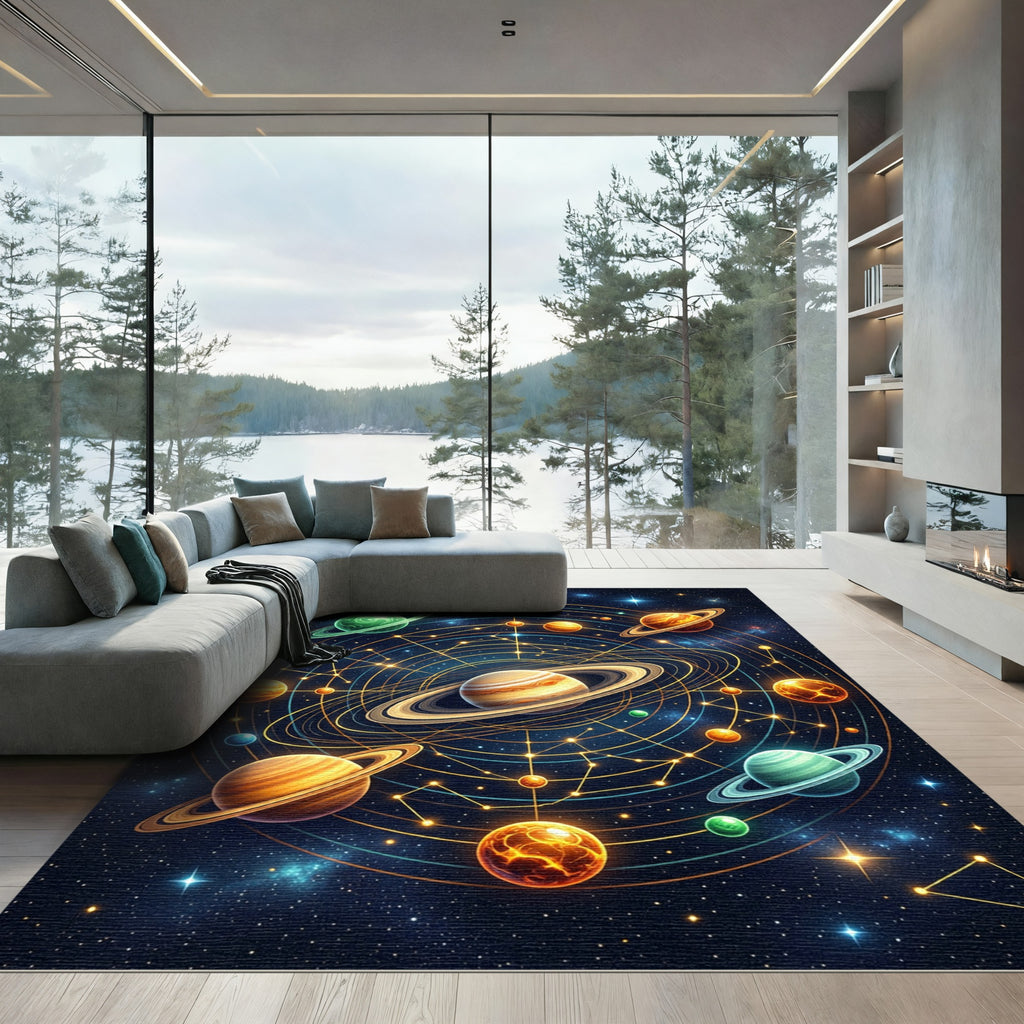 Celestial Orbits Golden Solar System Rug
