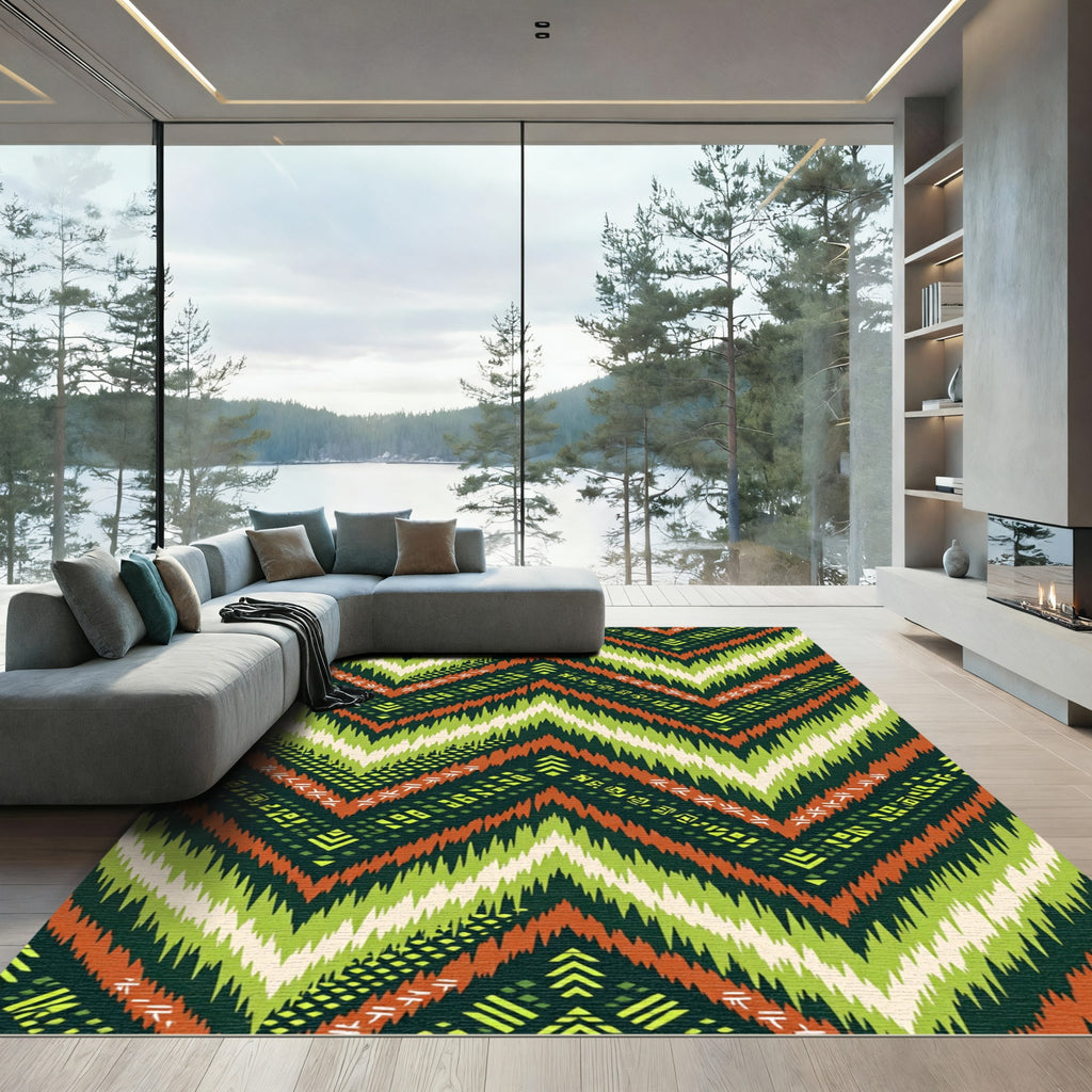 Vibrant Green and Burnt Orange Zigzag Chevron Rug