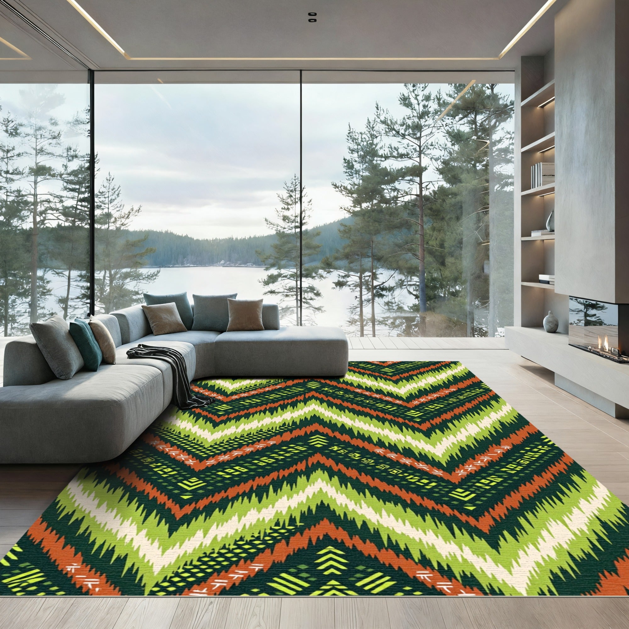 Vibrant Green and Burnt Orange Zigzag Chevron Rug