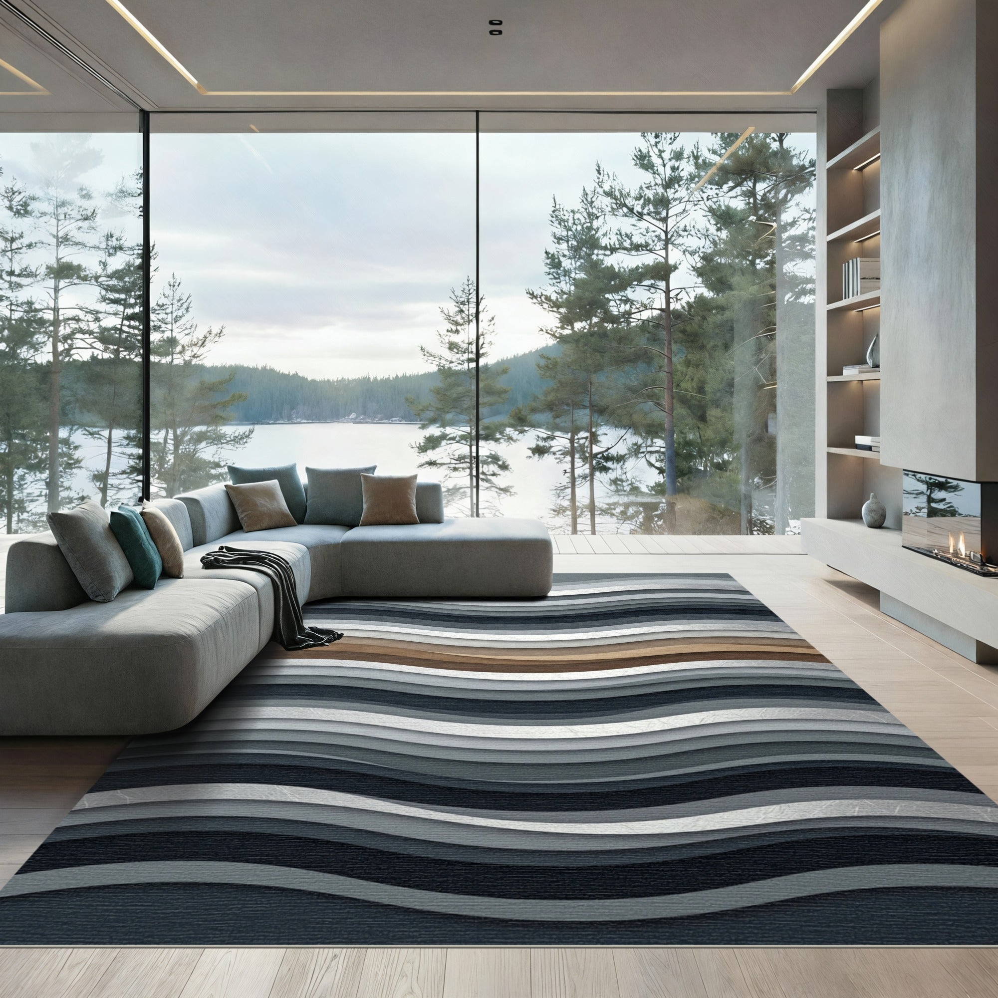 Modern Abstract Silver and Earth Tone Wave Rug