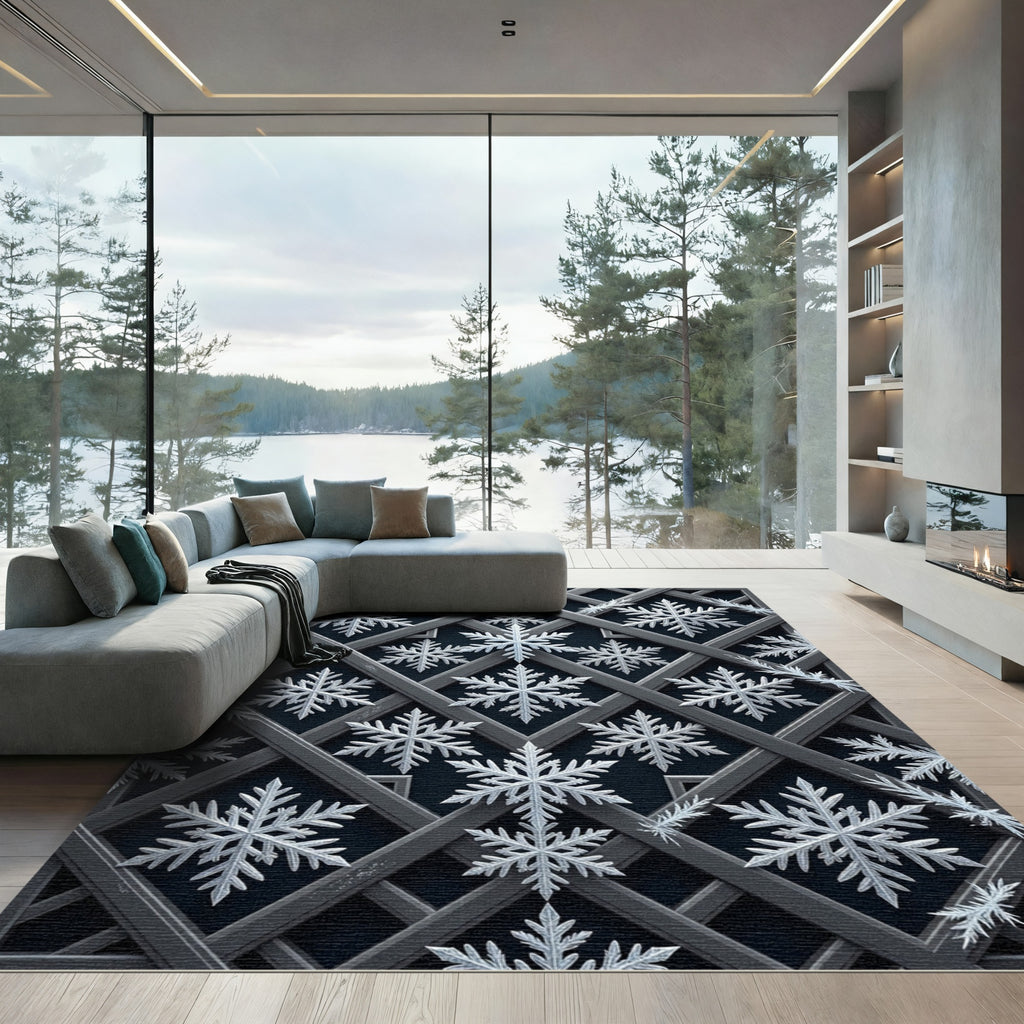 Dark Silver Geometric Snowflake Lattice Rug
