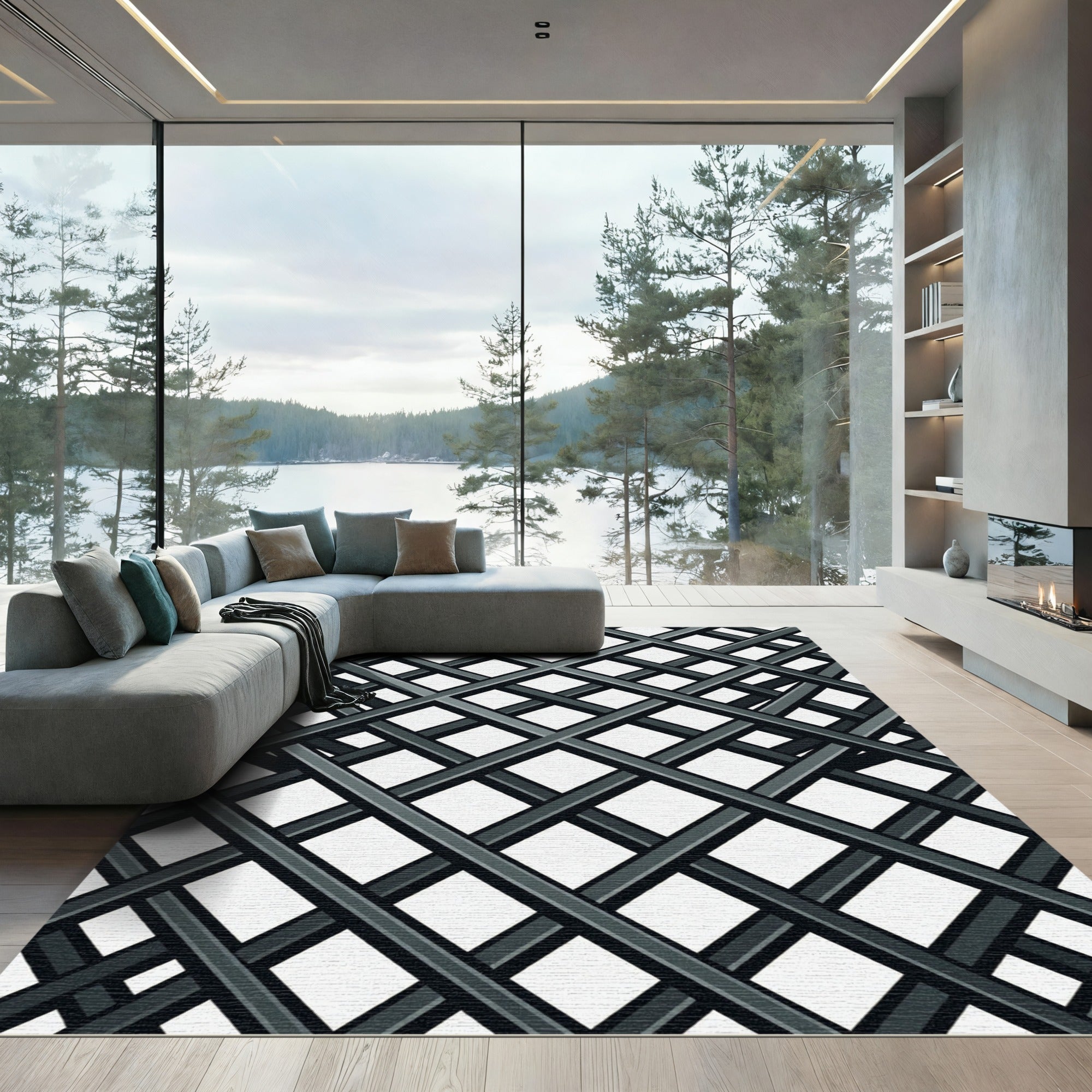 Monochrome Intersecting Diagonal Grid Rug