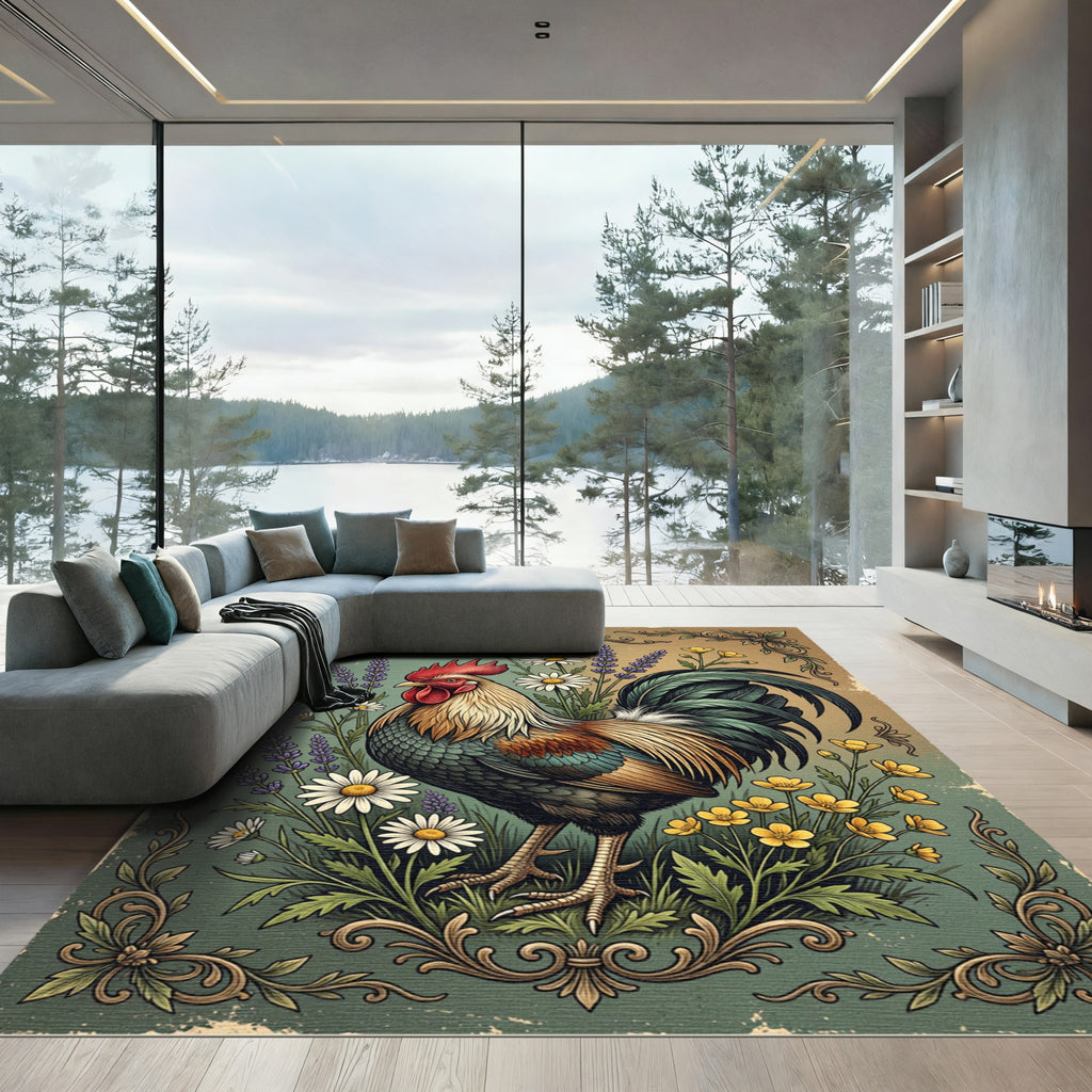 Vintage Floral Rooster Farmhouse Art Rug