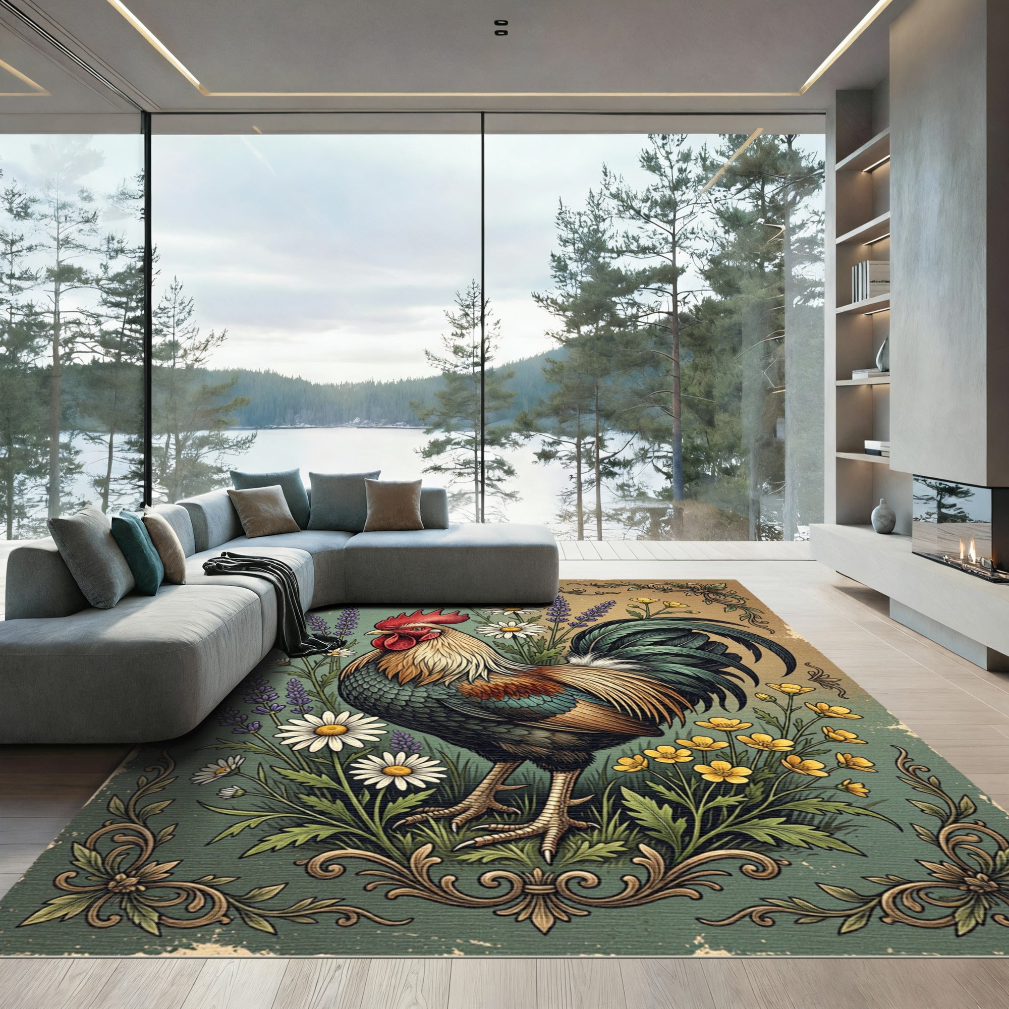 Vintage Floral Rooster Farmhouse Art Rug