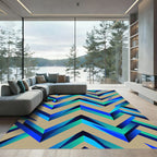 Geometric Blue and Tan Chevron Illusion Rug