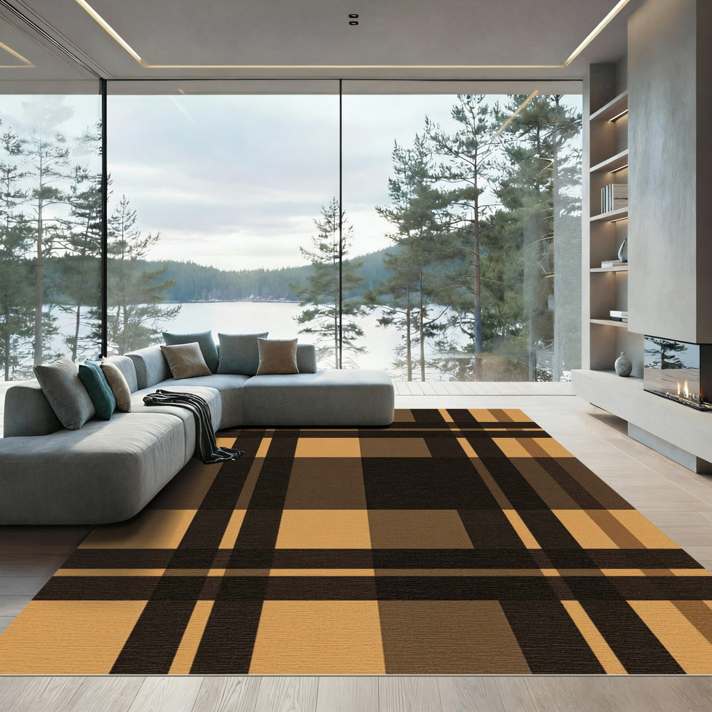 Amber Brown Plaid Squares Rug