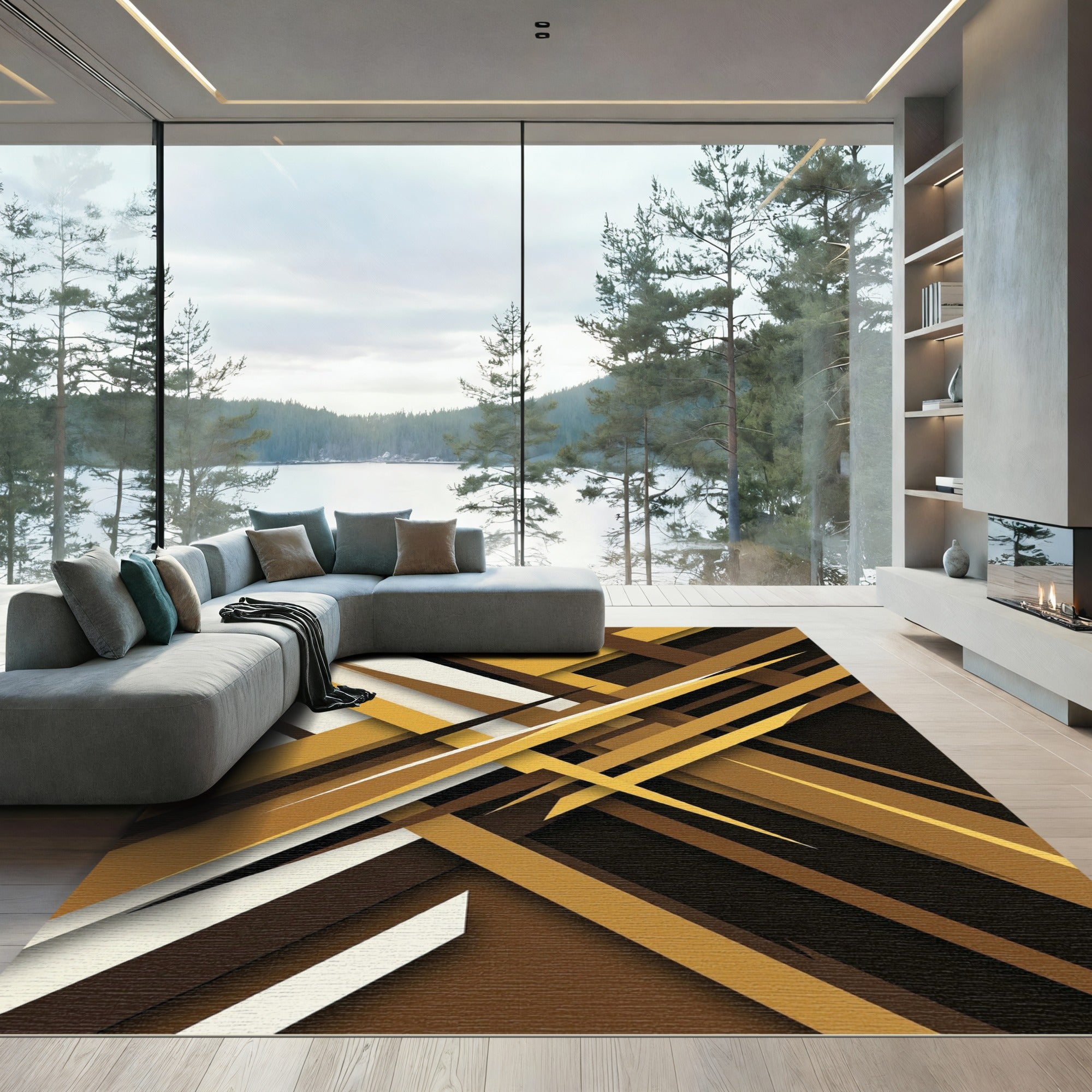 Modern Golden Brown Abstract Diagonal Lines Rug