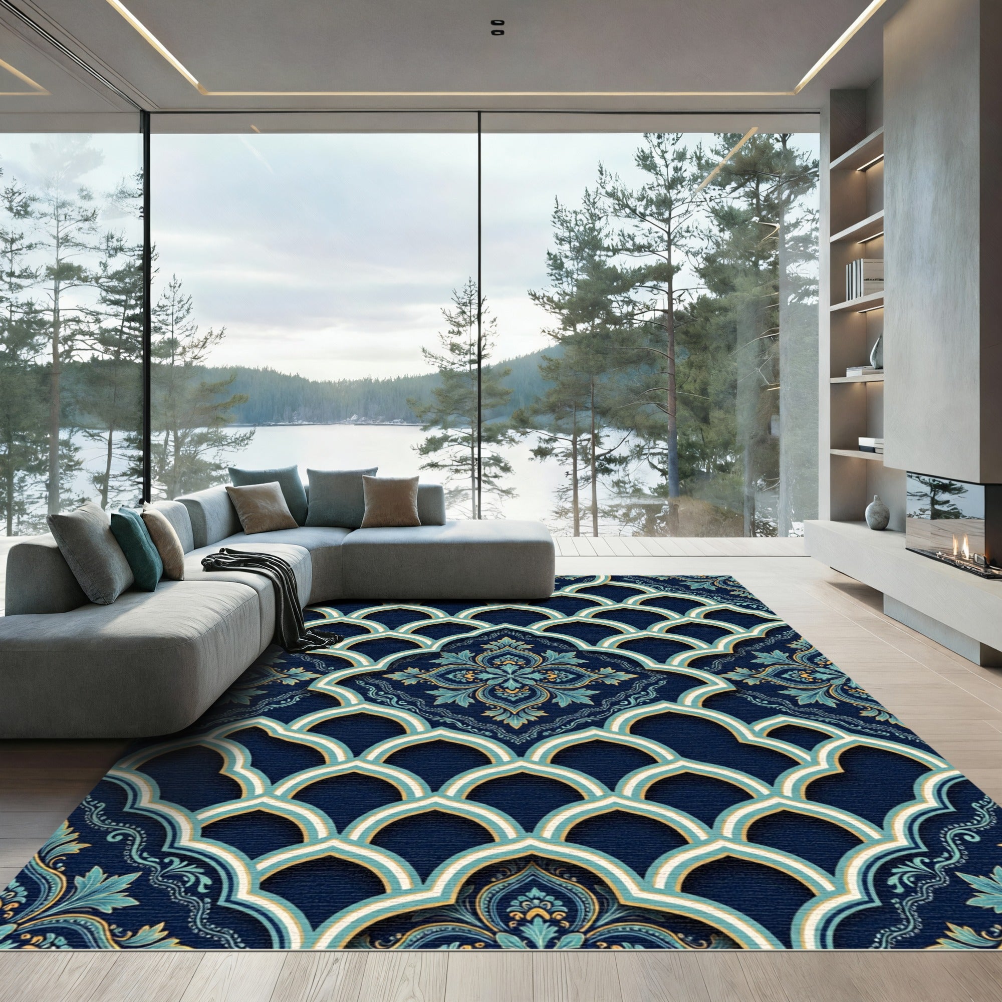 Elegant Navy Teal Arched Damask Art Rug
