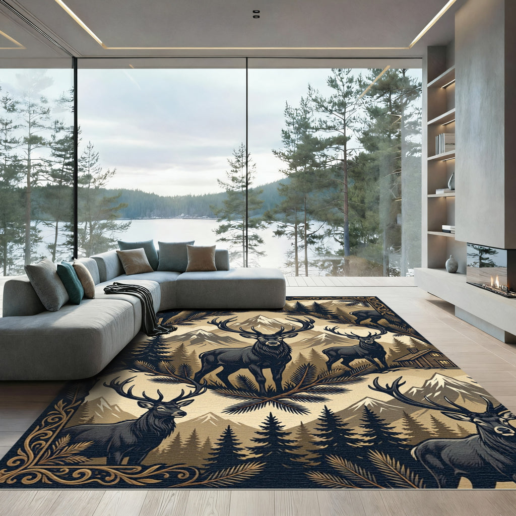 Rustic Dark Forest Elk Mountain Scene Rug