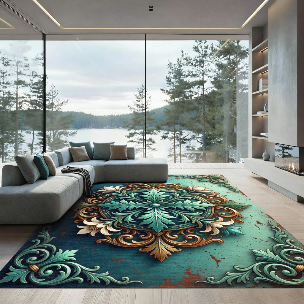 Ornate Teal Gold Floral Medallion Rug