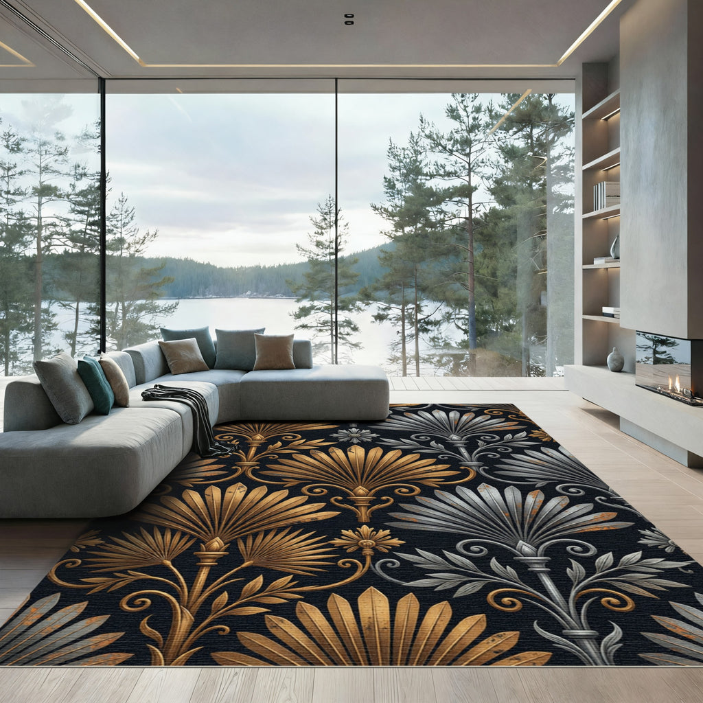Elegant Gold and Silver Art Deco Palm Rug
