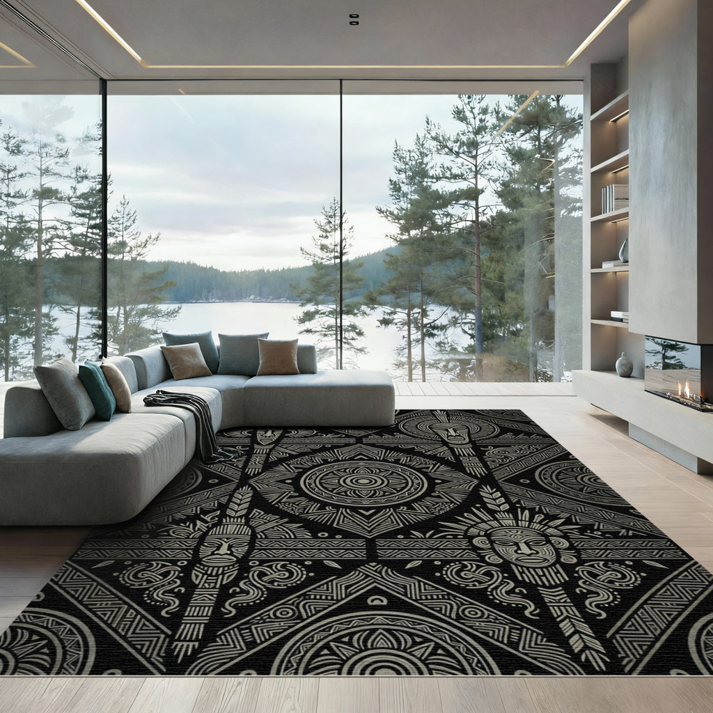 Tribal Mask Geometric Grey Pattern Rug