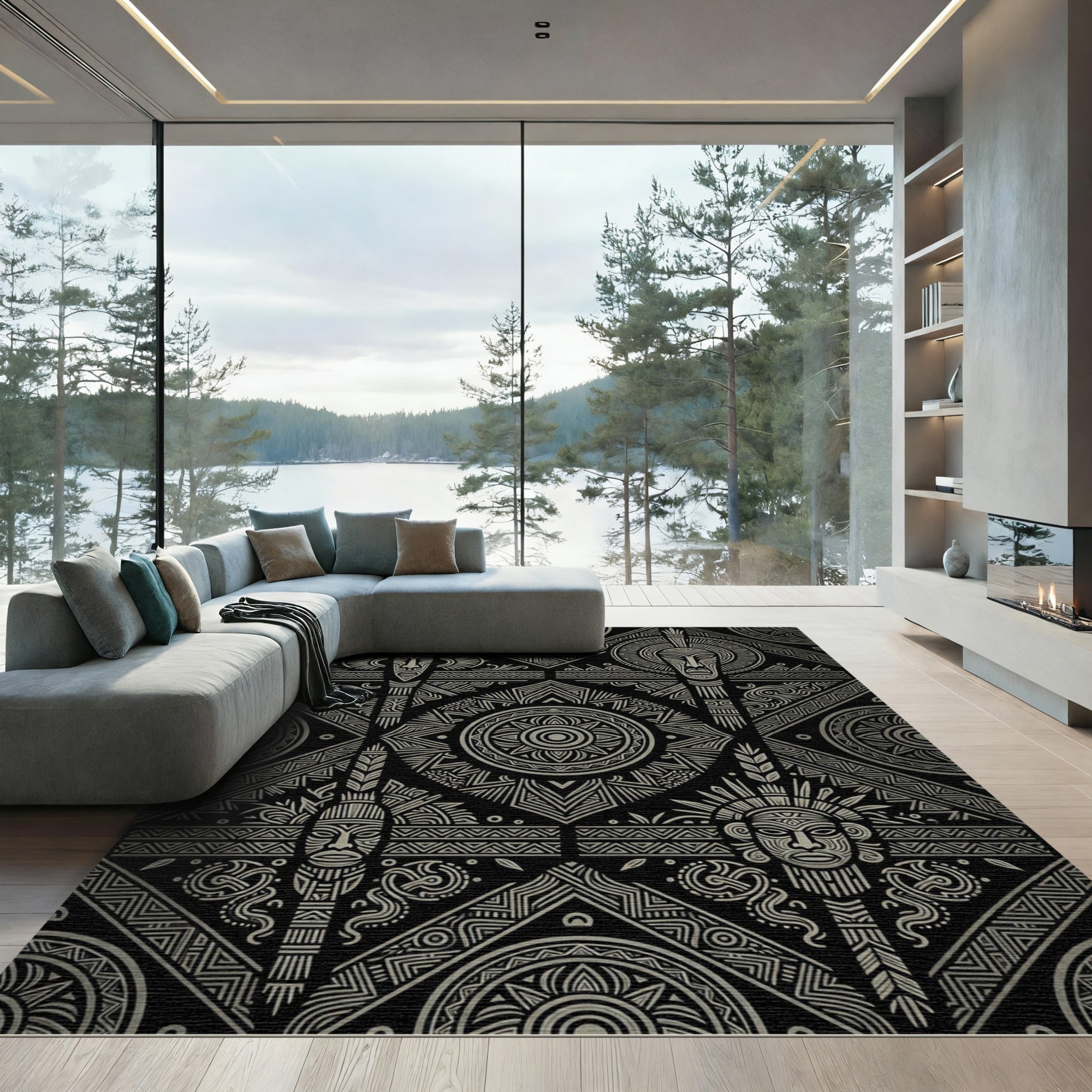 Tribal Mask Geometric Grey Pattern Rug