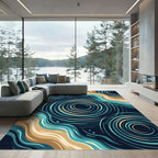 Modern Teal and Sand Abstract Ripple Rug