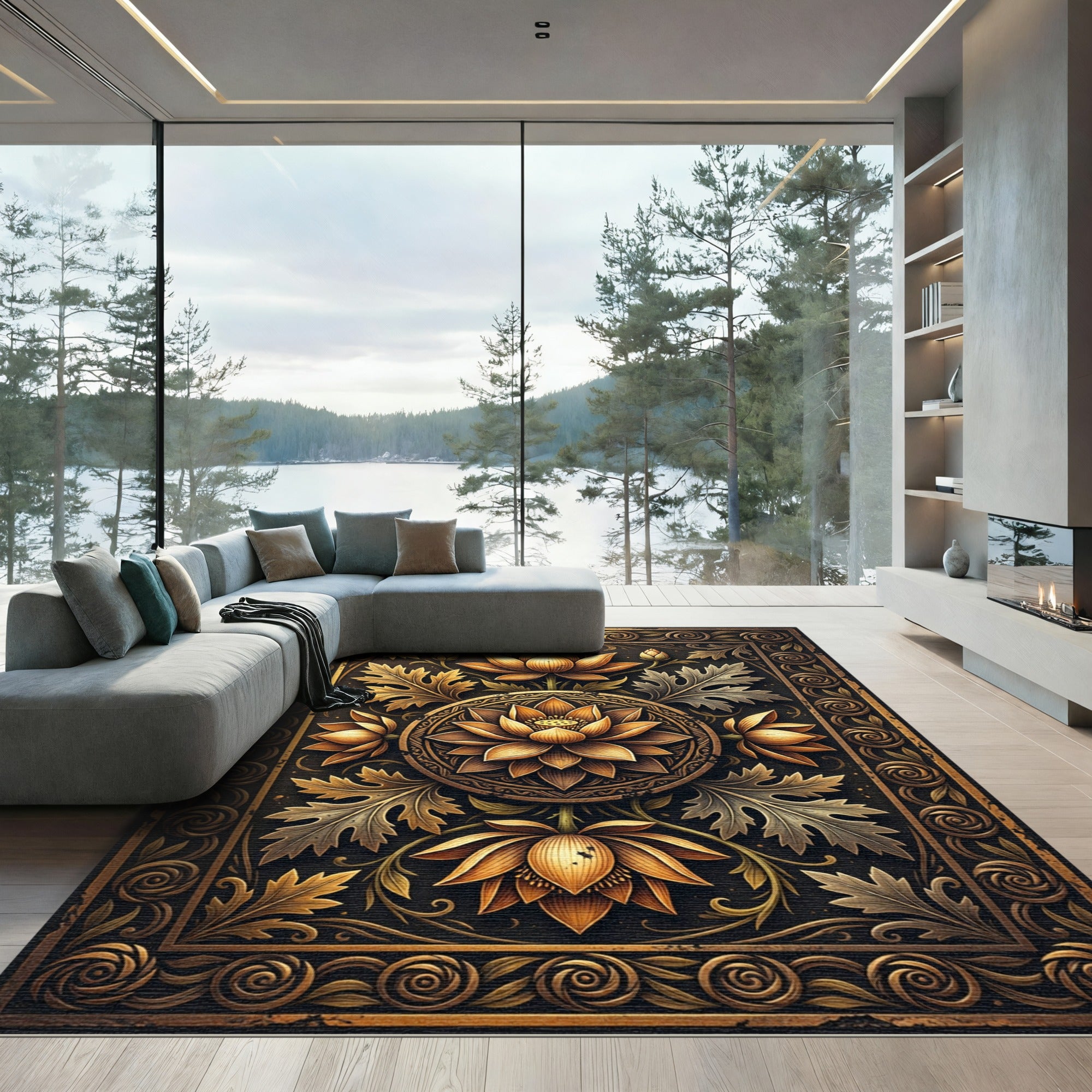 Golden Lotus Medallion Floral Border Rug