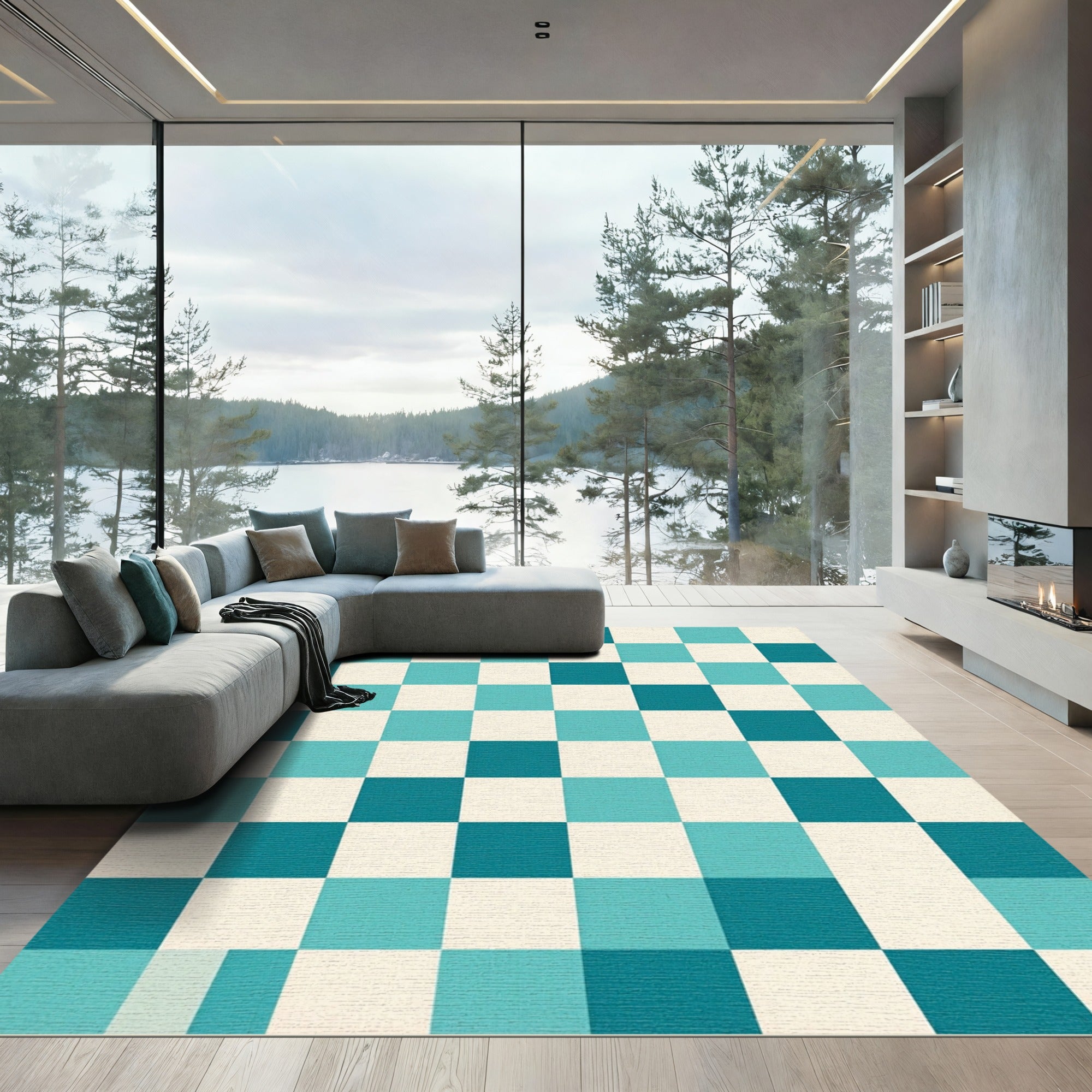 Aqua White Checkerboard Composition Rug