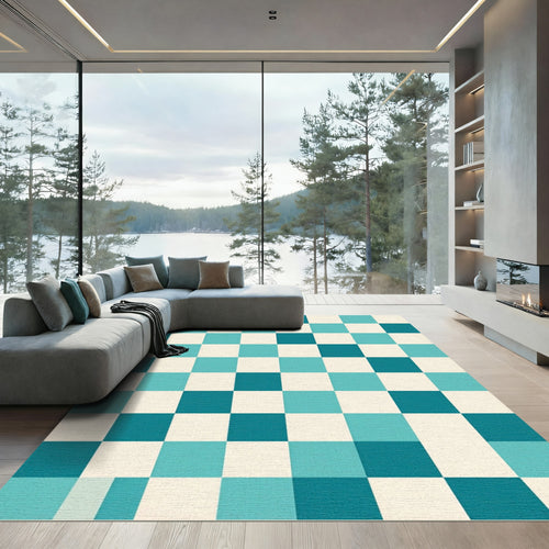 Aqua White Checkerboard Composition Rug