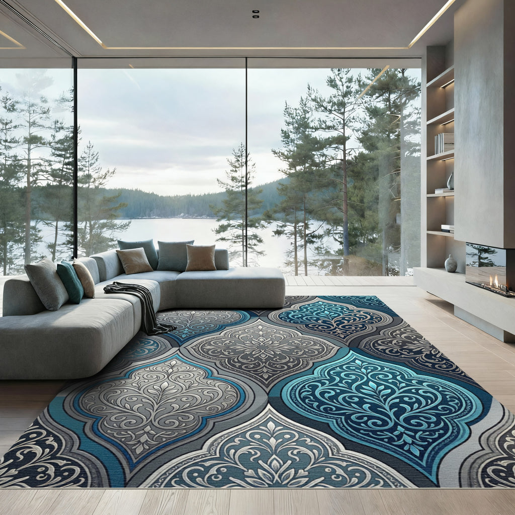 Elegant Blue and Silver Damask Ornate Rug