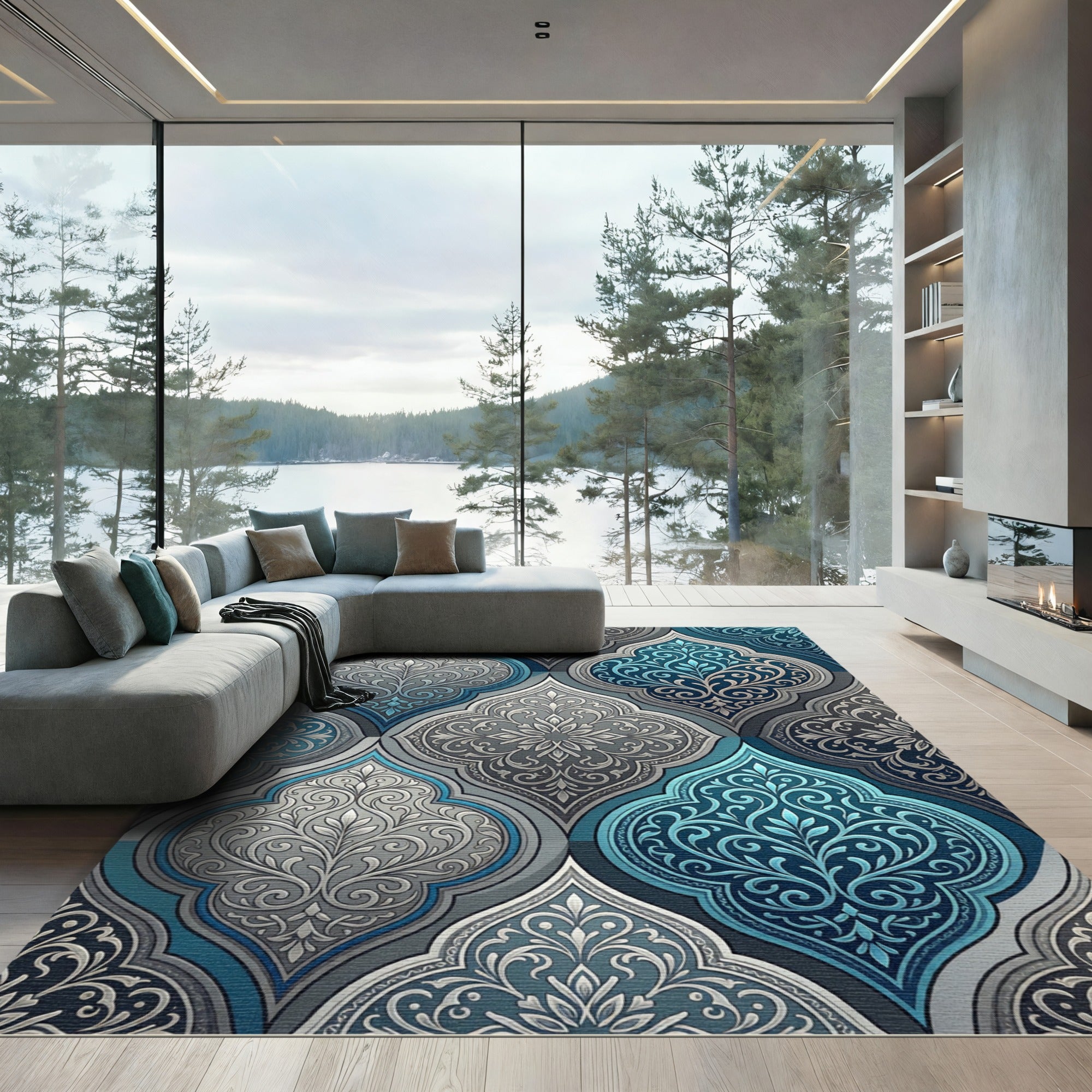 Elegant Blue and Silver Damask Ornate Rug