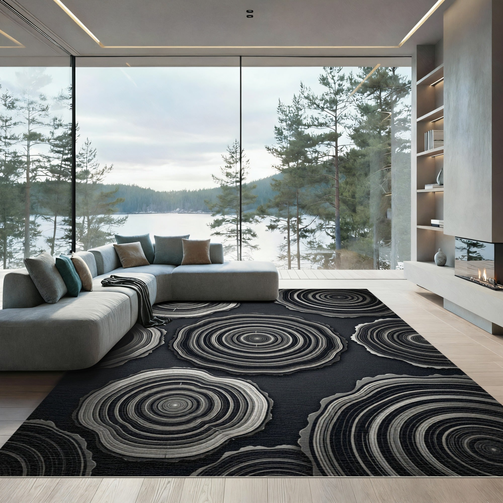 Monochrome Wood Grain Rings Rug