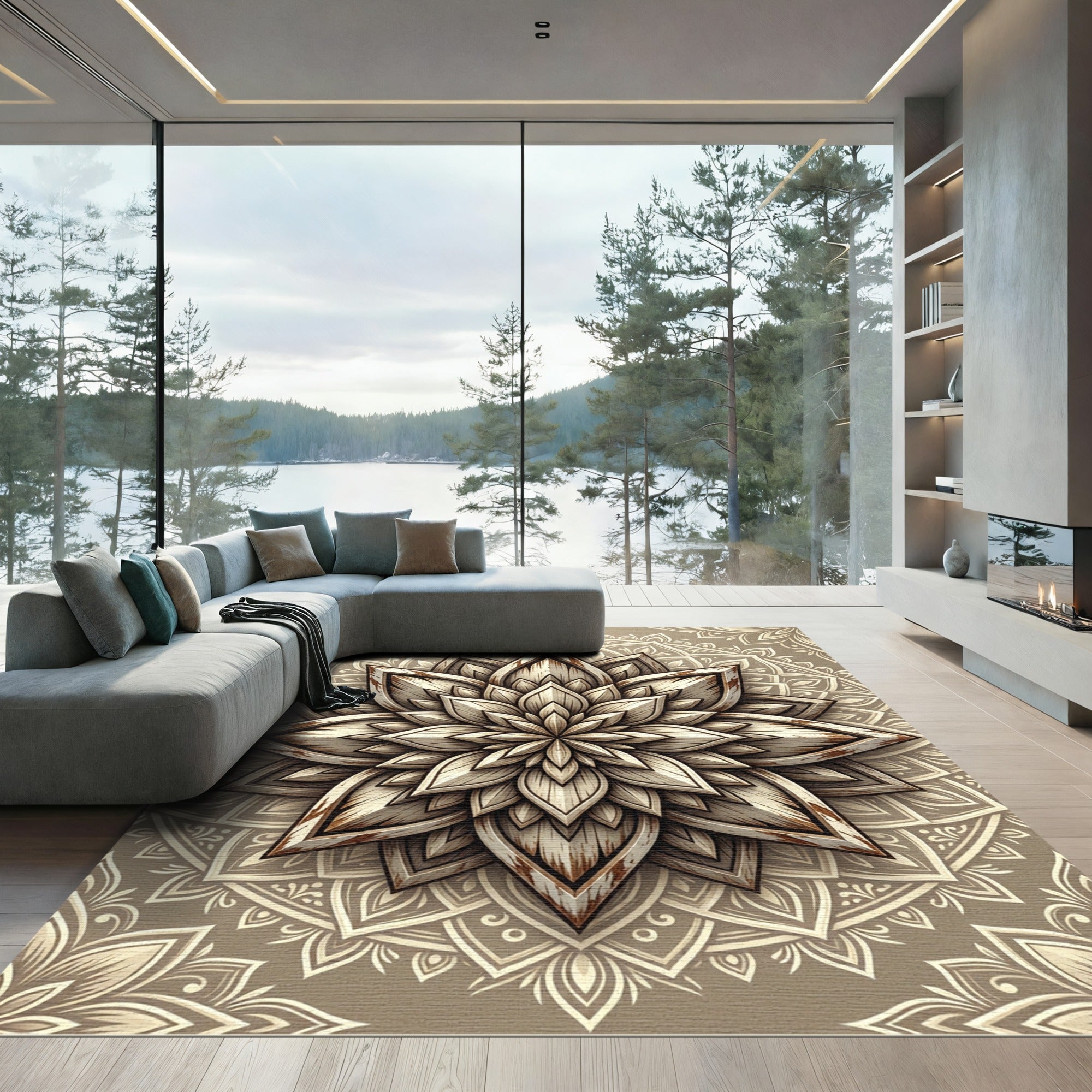 Rustic Cream Wood Grain Lotus Mandala Rug