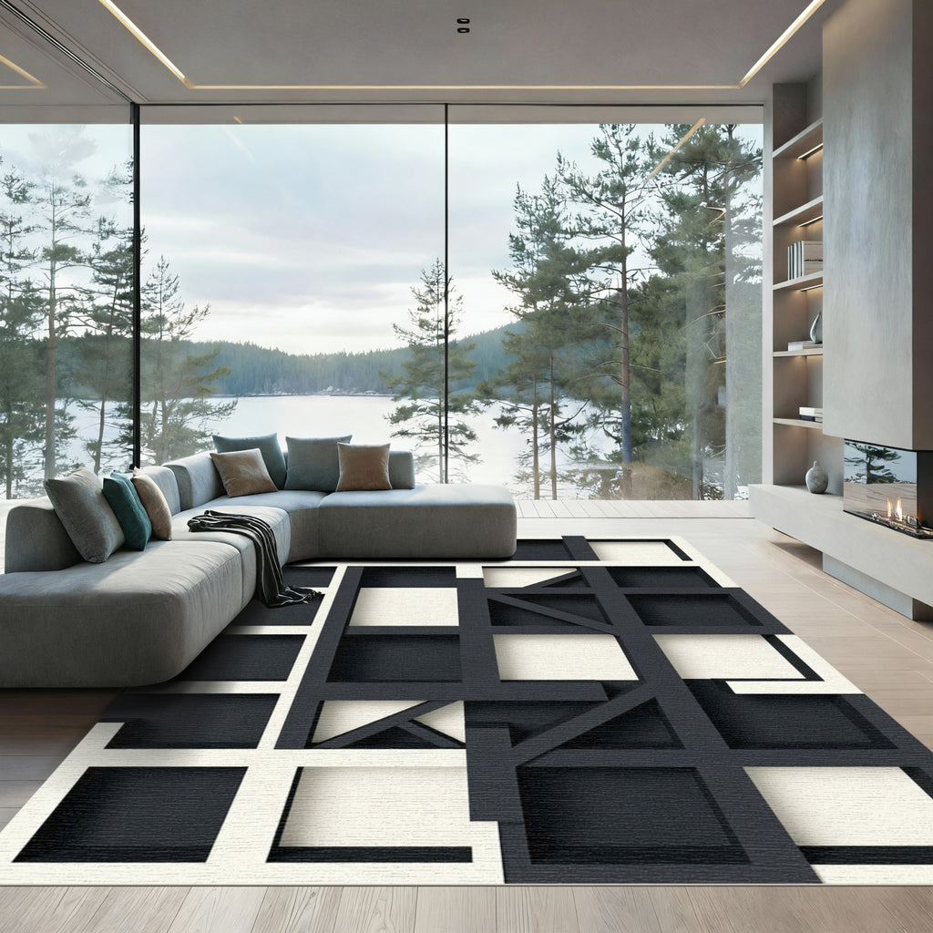 Monochrome Abstract Geometric Intersecting Grid Rug