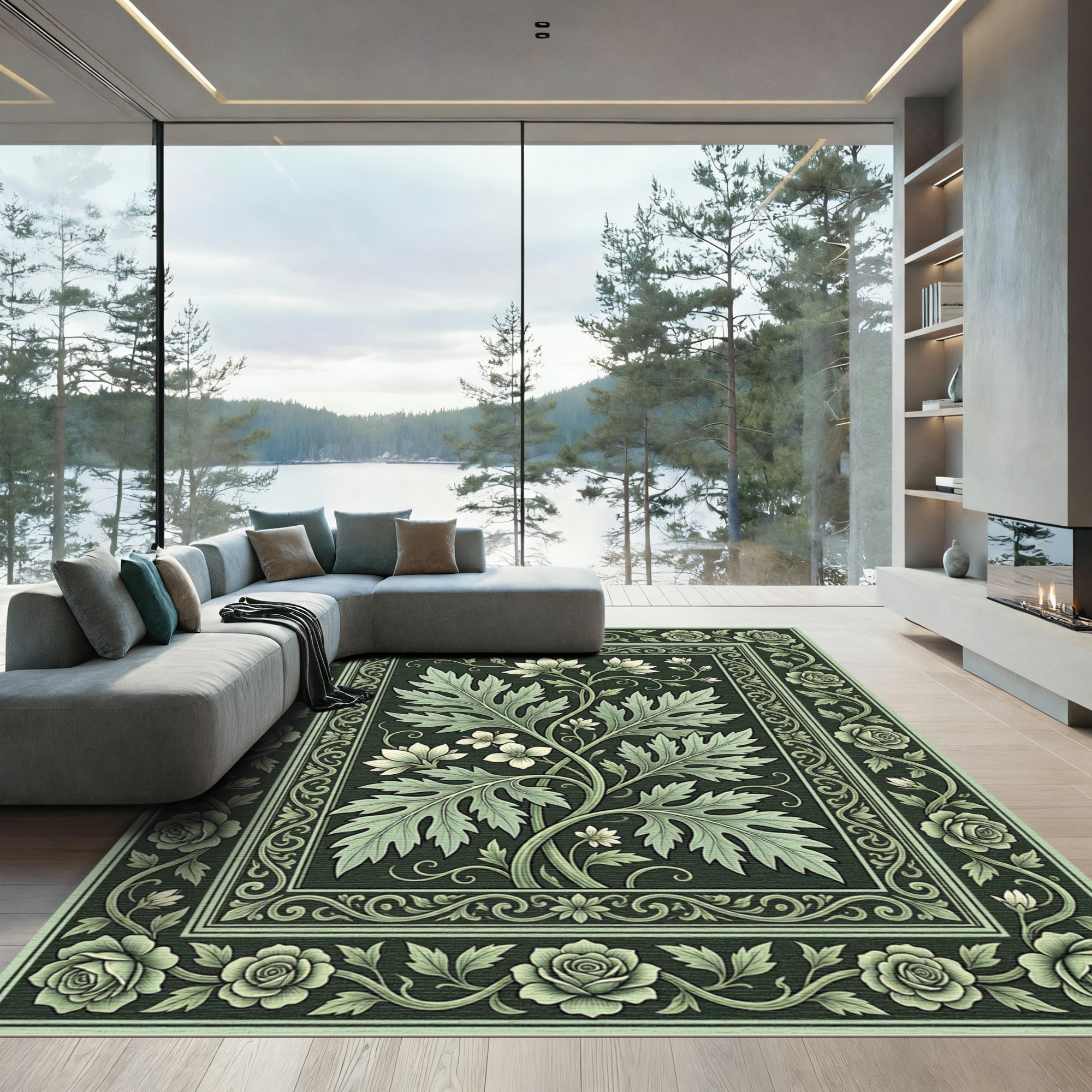 Sage Green Floral Scroll Garland Rug