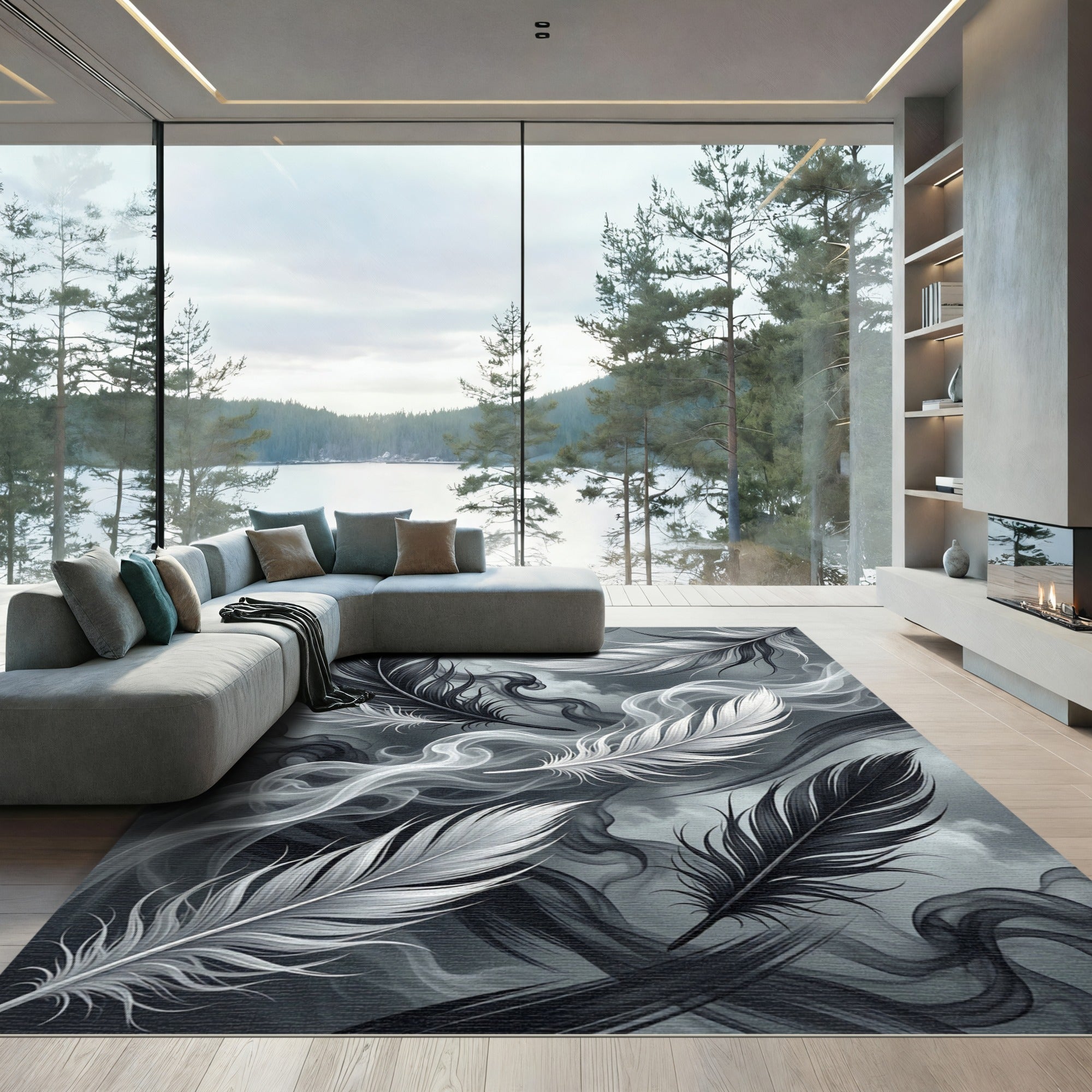 Dramatic Black White Feather Swirl Rug