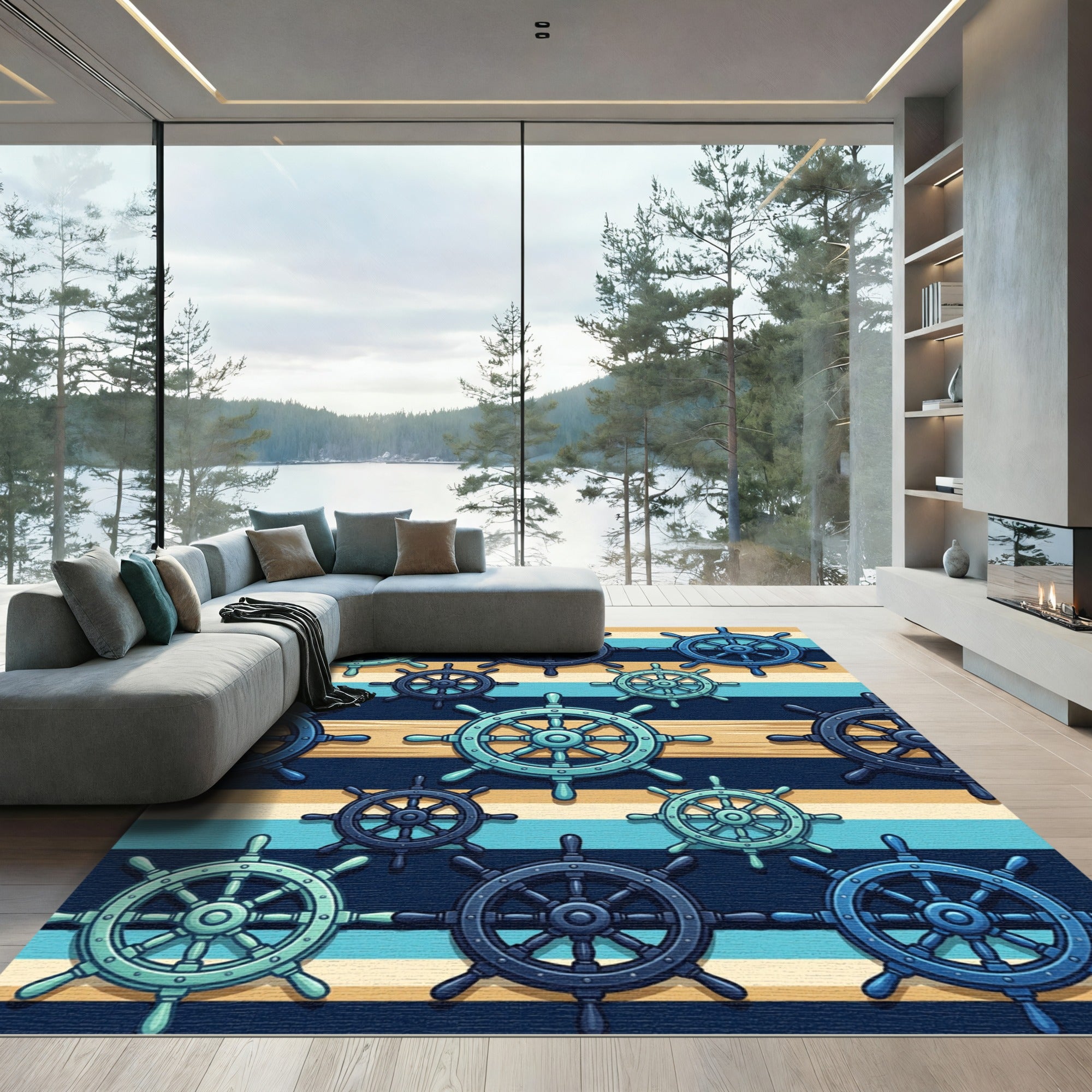 Nautical Blue Ship Wheel Striped Art Rug