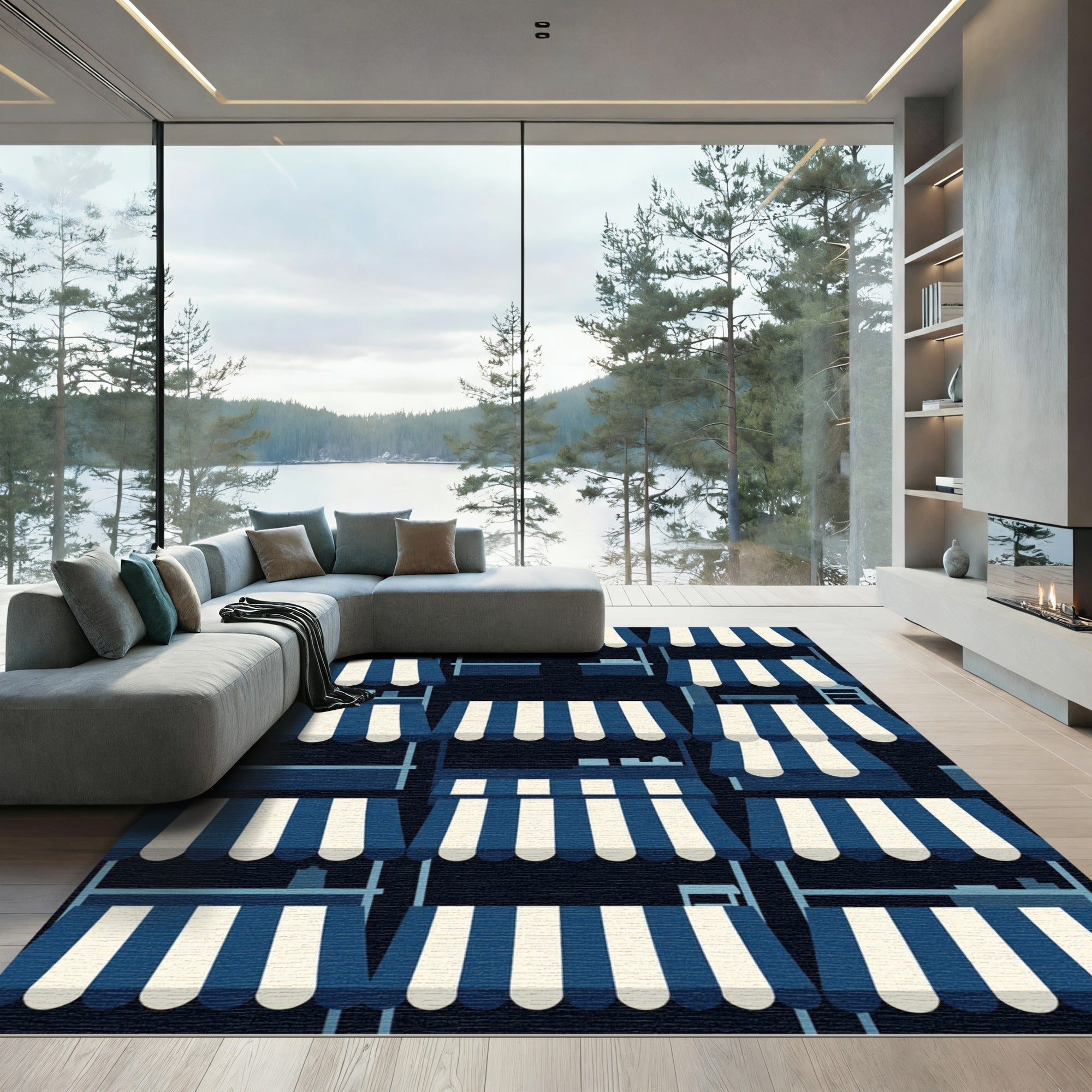 Navy and White Striped Canopy Grid Rug