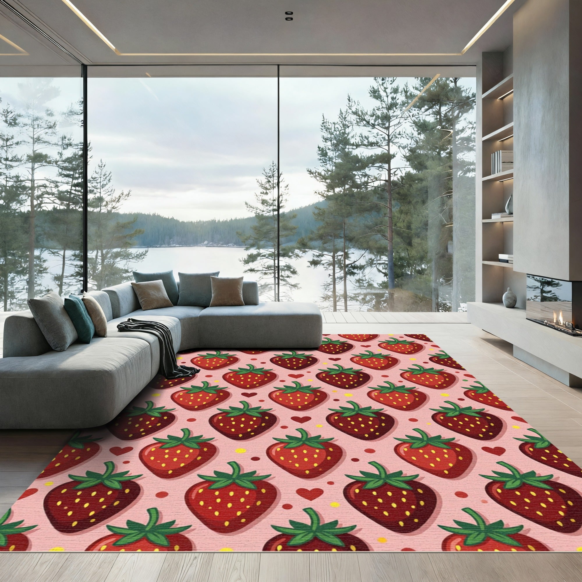 Sweet Strawberry Hearts Pink Background Rug