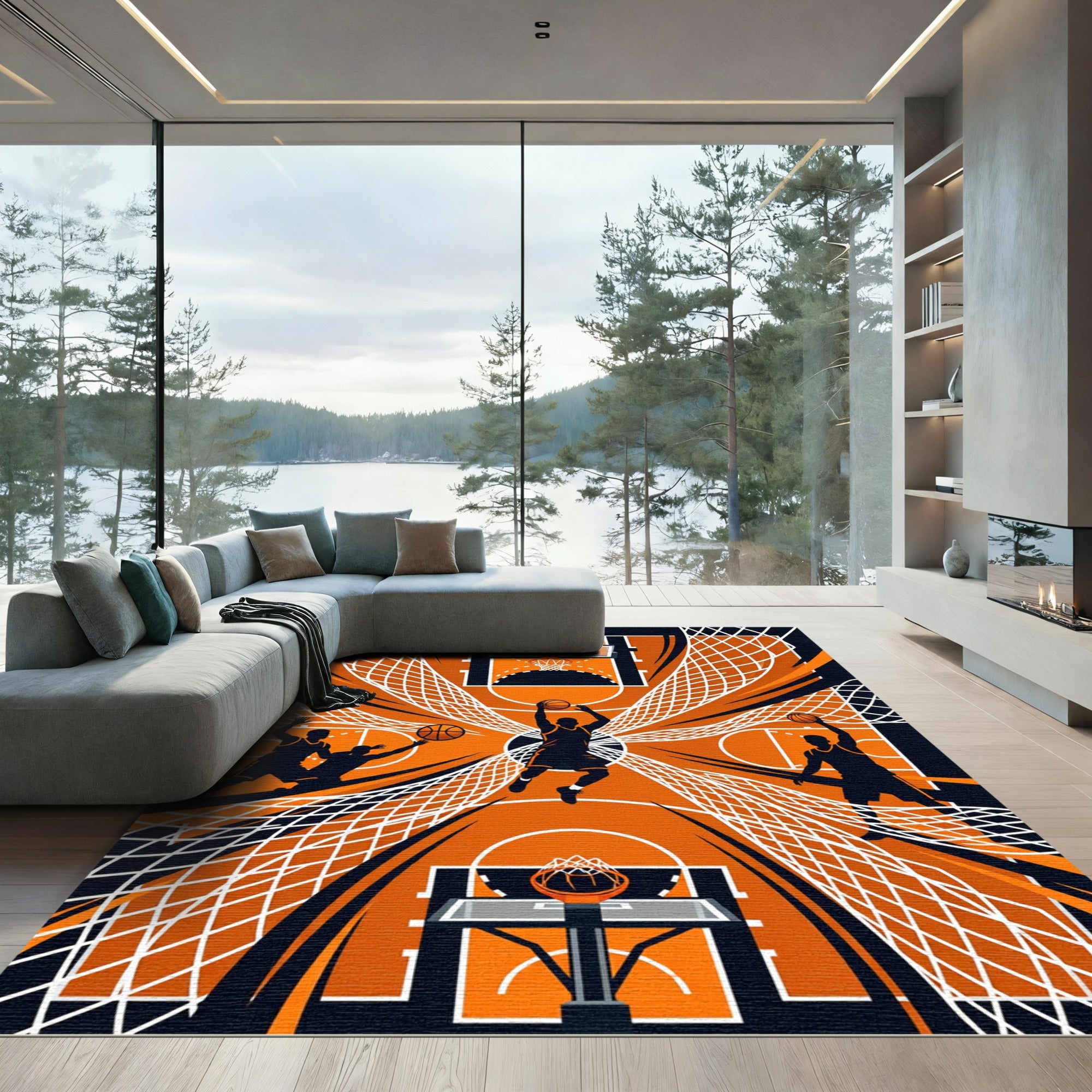 Dynamic Orange Black Basketball Hoop Court Rug