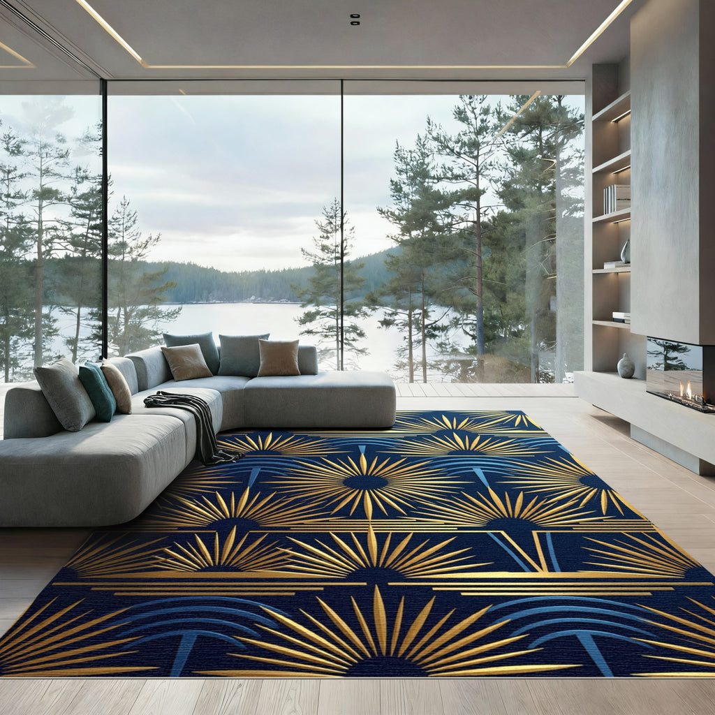 Art Deco Navy Gold Sunburst Rug